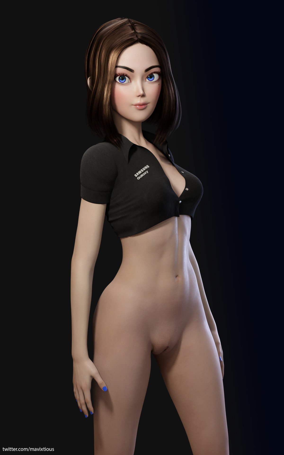 3d, athletic, athletic female, bottomless, breasts, brown hair, busty, cleavage, crop top, edit, female, female focus, female only, hourglass figure, innie pussy, makeup, mavixtious, nail polish, navel, pose, posing, pussy, samsung, samsung sam, shaved pussy, short hair, small breasts, solo, tagme, vagina, wide hips