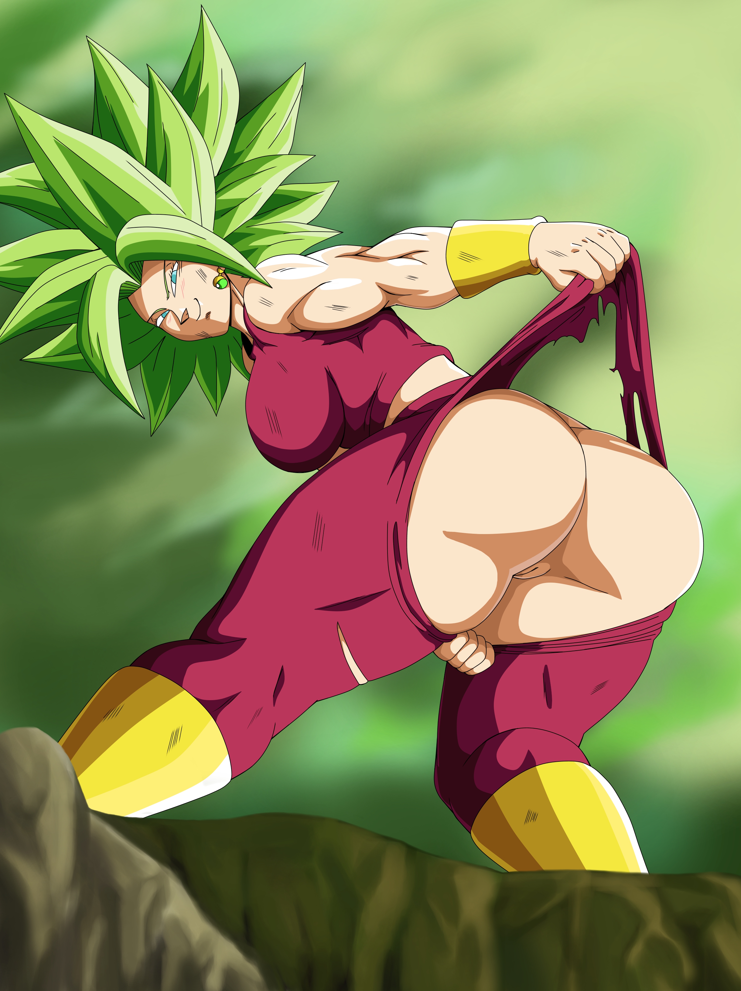 ass, bent over, big ass, big breasts, big butt, boots, breasts, charge sol, dragon ball, dragon ball super, female, female saiyan, fusion, green hair, kefla, legendary super saiyan, looking at viewer, mooning, muscular, muscular female, potara earrings, pussy, saiyan, sideboob, solo, super saiyan, super saiyan 2, thick thighs, torn pants, tournament of power, universe 6/universe 7
