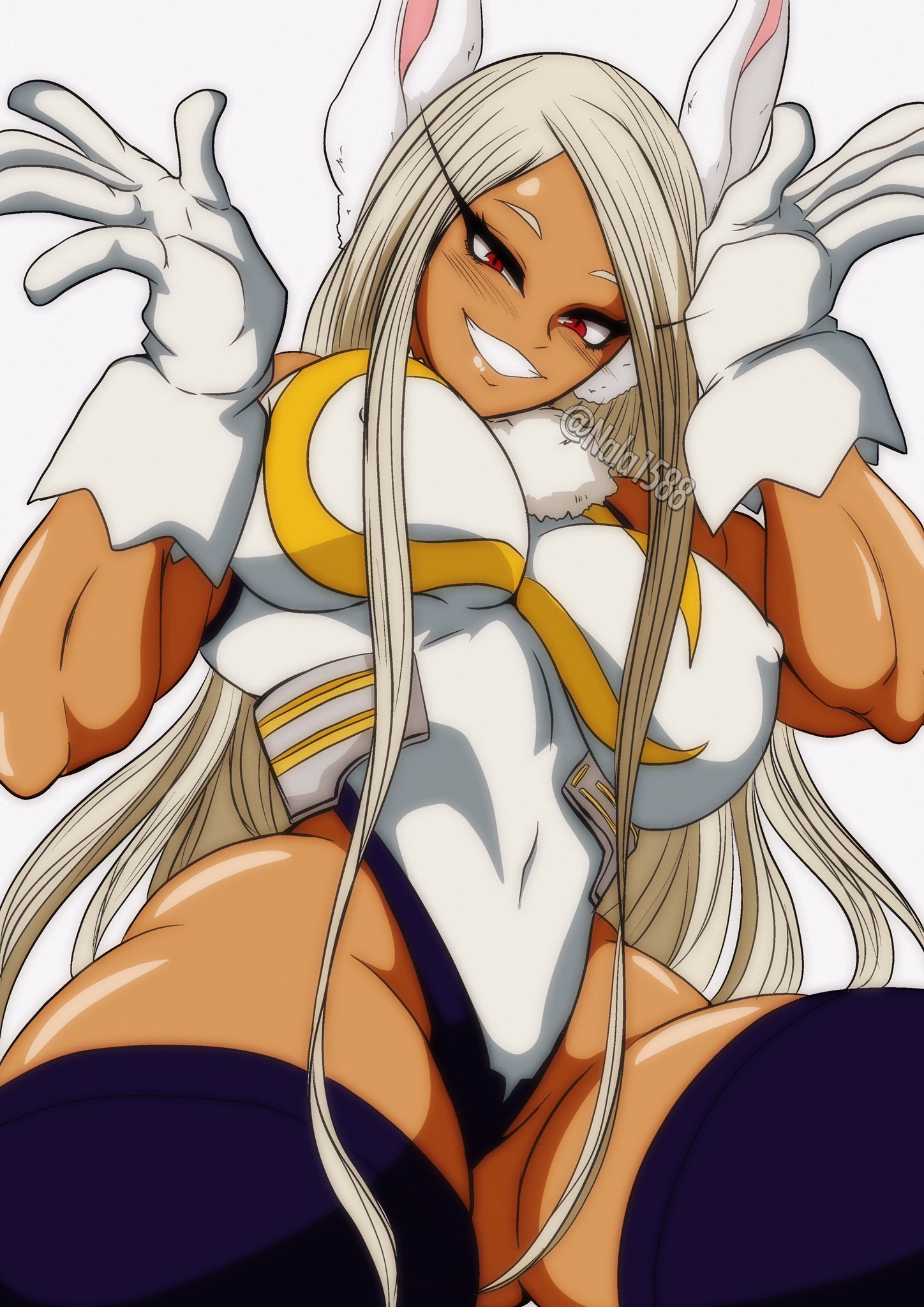 1girls, big breasts, breasts, bunny ears, bunny girl, dark skin, dark-skinned female, female, hero outfit (mha), huge breasts, miruko, my hero academia, nala1588, nipple bulge, rumi usagiyama, shounen jump, thick thighs, wide hips