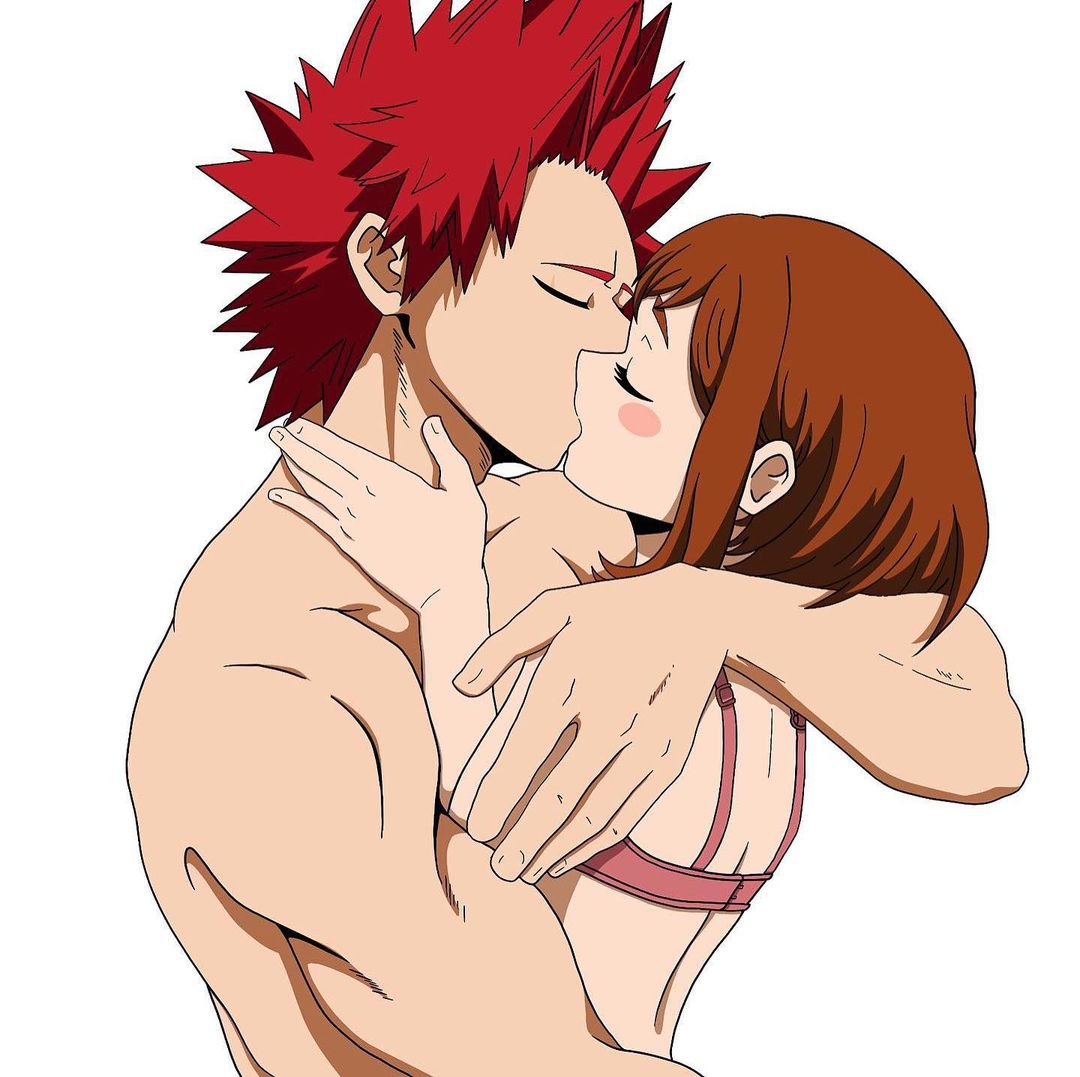 1boy 1boy1girl 1girls bra bra_strap closed_eyes dailykrumbs eijirou_kirishima embrace embracing female hugging kissing making_out male male/female muscular muscular_male my_hero_academia nightlykrumbs ochako_uraraka passionate red_hair sensual spiky_hair straight topless