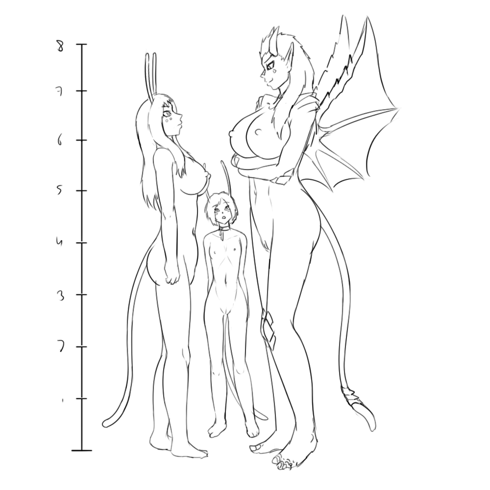 antennae aquei_(fvt) big_breasts bobbydando eldrik_aethervial fairies_vs_tentacles fairy flat_chest giant_breasts horns irah_(fvt) monster_girl petite scale scales sketch tail wings