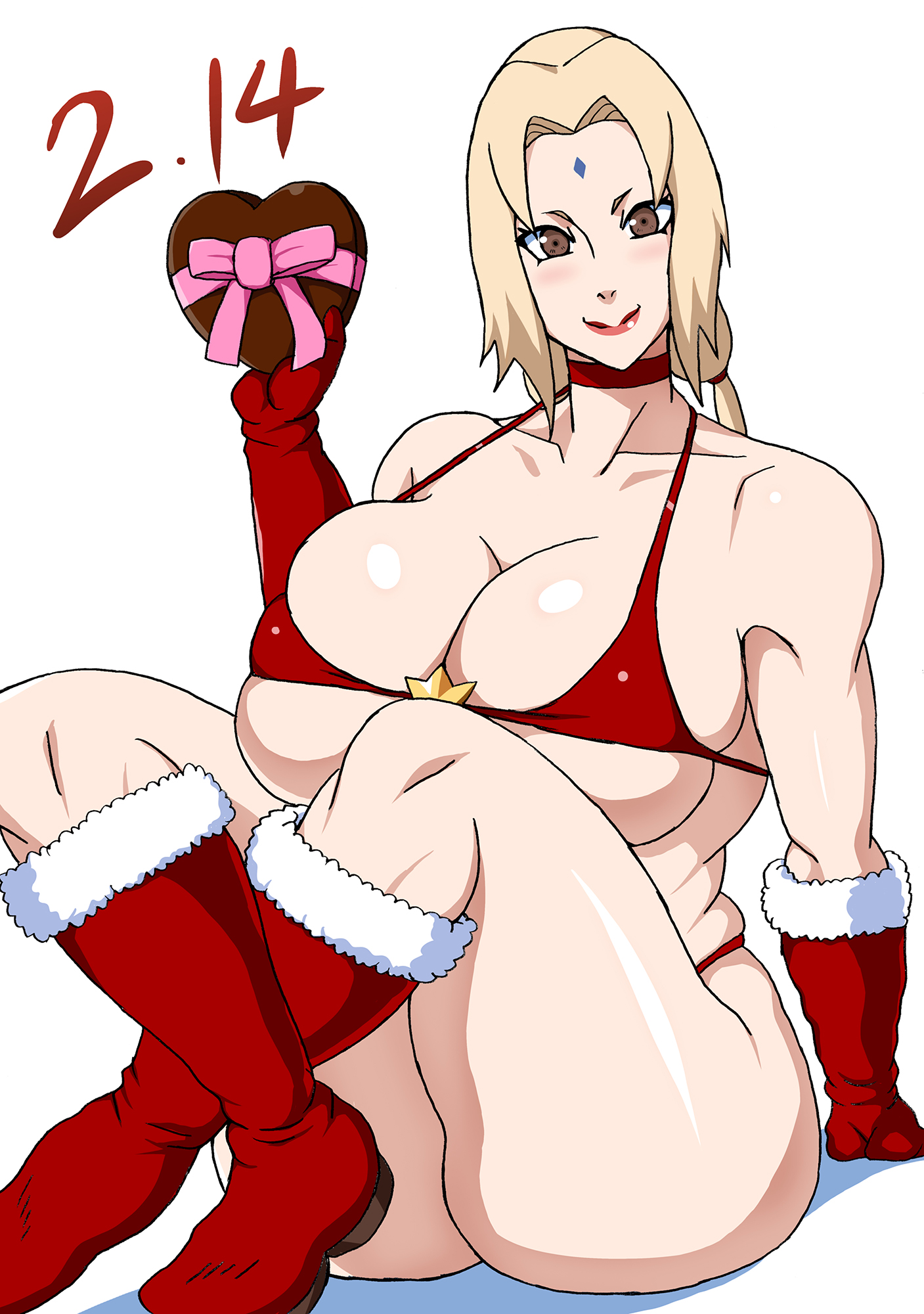 1girls, ass, big ass, big breasts, big butt, bikini, blonde hair, breasts, brown eyes, chocolate, christmas, christmas outfit, clothed female, female, female only, naruho, naruto, naruto (series), naruto shippuden, red choker, red lipstick, santa costume, solo, tsunade