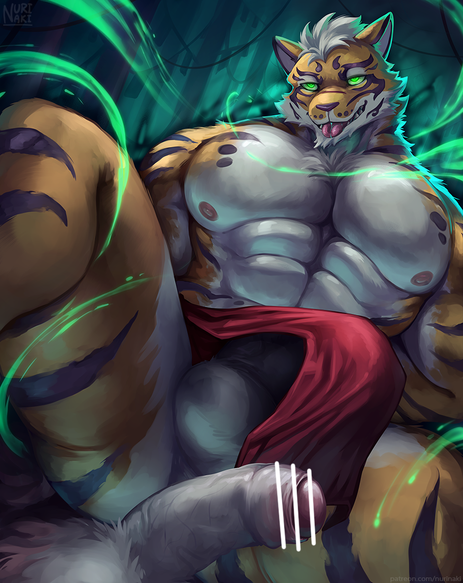 2boys abs animal_ears bar_censor bara beige_fur blue_eyes bulge censored erection erection_under_clothes foreskin furry gyee imminent_sex large_pectorals lin_hu lin_hu_(nekojishi) looking_at_viewer male_focus multiple_boys muscular muscular_male navel nekojishi nurinaki orange_fur pectorals reward_available short_hair solo_focus stomach thick_thighs thighs tiger_boy tiger_ears tongue tongue_out underwear underwear_only yaoi