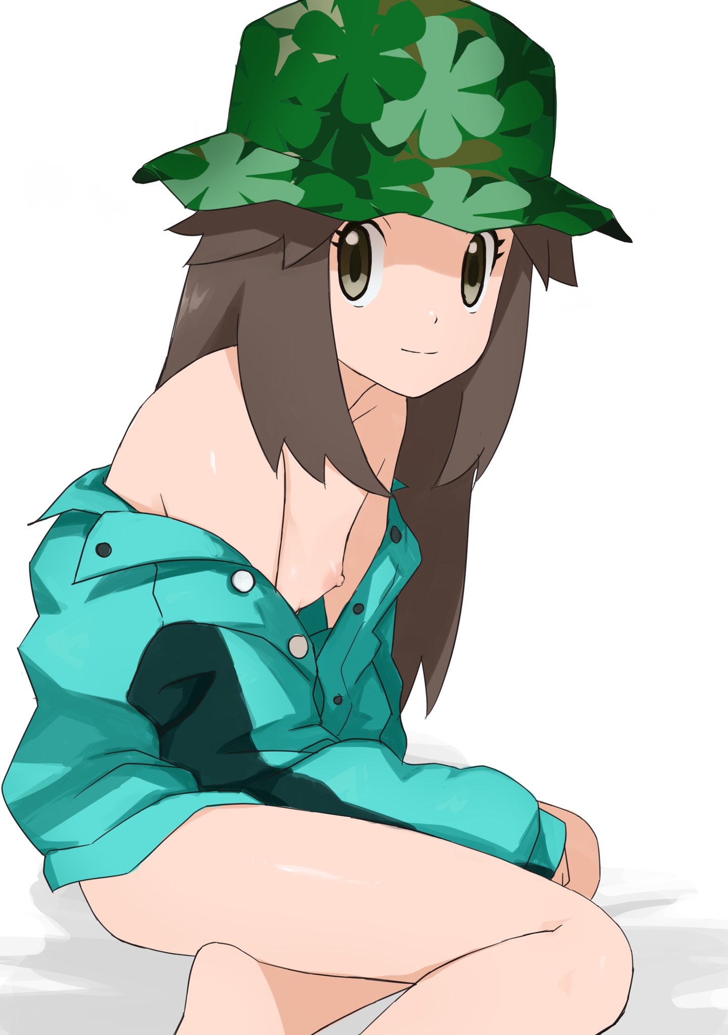 1girls, big eyes, blue clothing, blue topwear, breasts, brown eyes, brown hair, exposed, exposed breasts, female, foot out of frame, green hat, hat, human, jacket, leaf (pokemon), long hair, looking at viewer, nintendo, nipples, one breast out, pokemon, pokemon masters, sitting, sitting down, sitting on bed, small breasts, smile, smiling, solo, sygna suit leaf, thighs, white background