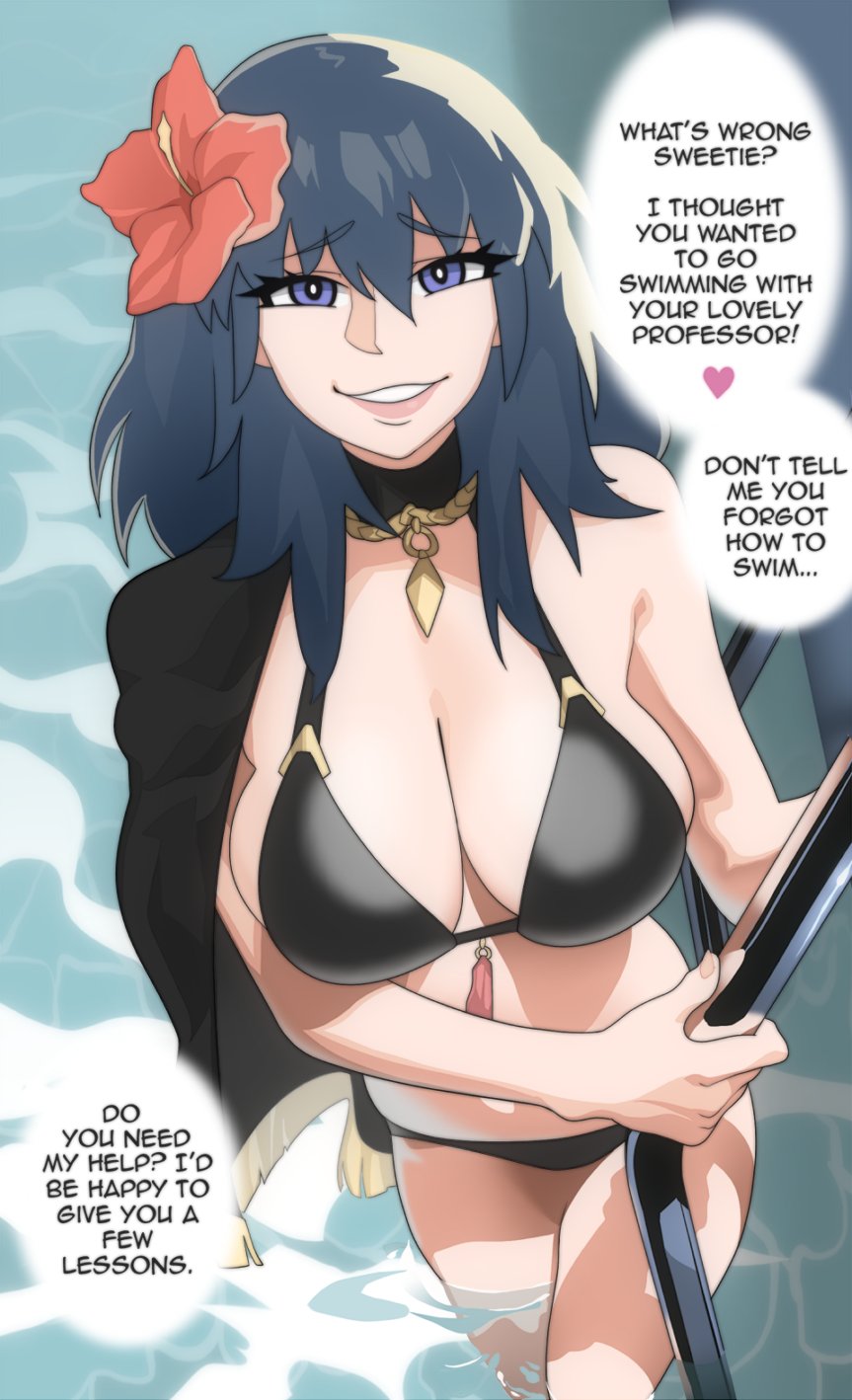 1girls alternate_costume bikini black_bikini black_swimsuit blue_eyes byleth_(fire_emblem) byleth_(fire_emblem)_(female) byleth_(summer)_(fire_emblem)_(female) cape cleavage dialogue english_text fire_emblem fire_emblem:_three_houses fire_emblem_heroes flower grin hair_flower hibiscus large_breasts looking_at_viewer medium_hair nintendo partially_submerged patnode pool red_flower smile solo solo_female swimsuit teal_hair text water