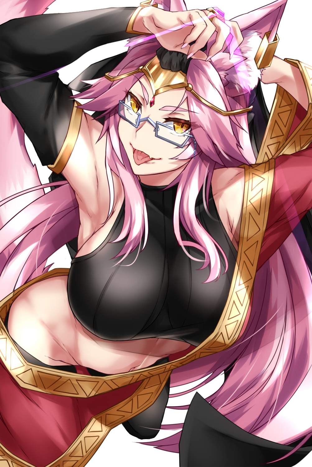 :p animal_ears armpits arms_up breasts detached_sleeves ear_ornament fate/grand_order fate_(series) female fox_ears glasses groin highres koyanskaya_(fate) large_breasts long_hair looking_at_viewer midriff nail_polish navel pink_hair pink_nails shimeno_puni smile solo tongue tongue_out very_long_hair yellow_eyes