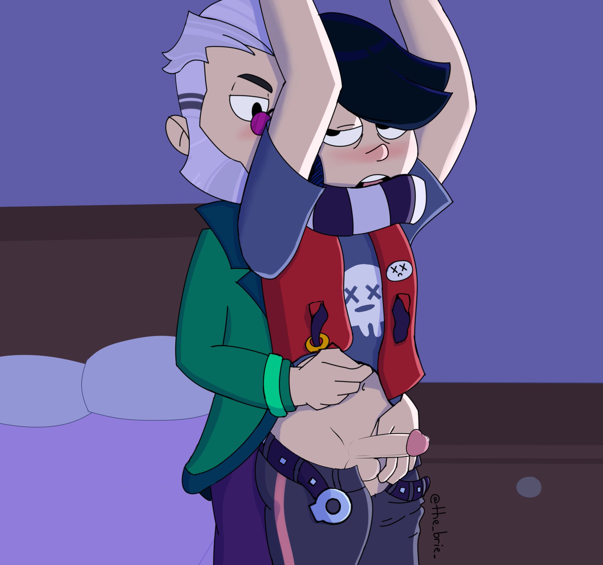 blush, brawl stars, byron (brawl stars), edgar (brawl stars), gay, grey hair, male, penis, stripping, yaoi