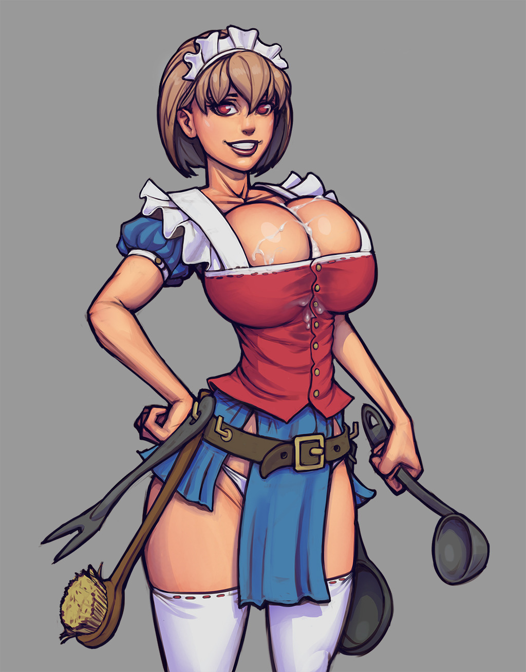 alice (warlock and boobs), big breasts, boobsgames, breasts, brown hair, brown skin, female, maid, maid headdress, maid uniform, red eyes, warlock and boobs