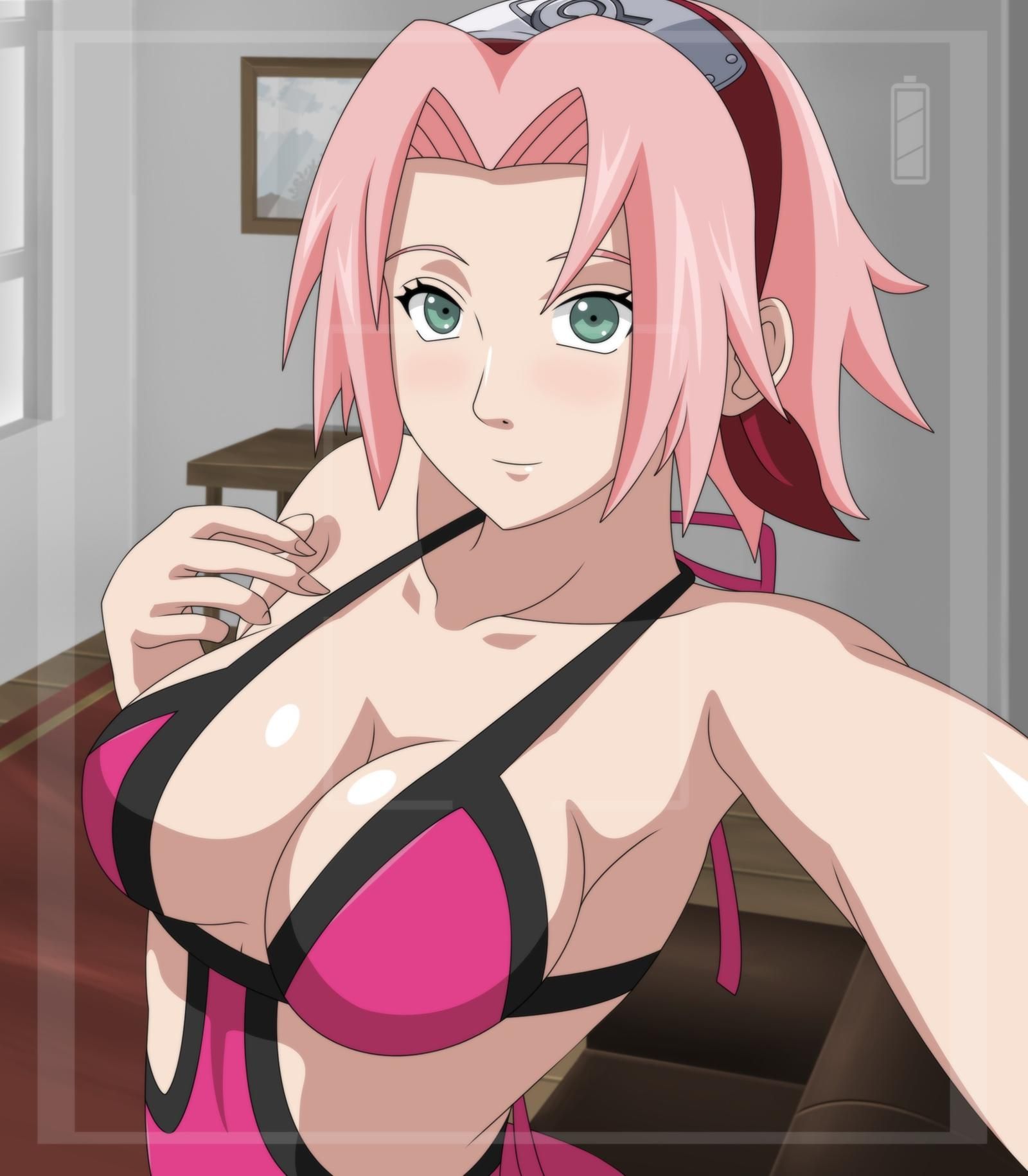 1girls, alternate breast size, armpits, artist request, bangs, blush, breasts, camera view, cleavage, female, female only, forehead protector, green eyes, hairband, indoors, konohagakure symbol, light skin, light-skinned female, long hair, looking at viewer, naruto, naruto (series), naruto shippuden, one-piece swimsuit, paipan, pale skin, pale-skinned female, parted bangs, perky breasts, petite, pink hair, pink swimsuit, red hairband, sakura haruno, selfie, shiny hair, shiny skin, shoulder length hair, skindentation, smile, solo, solo female, solo focus, swimsuit, upper body