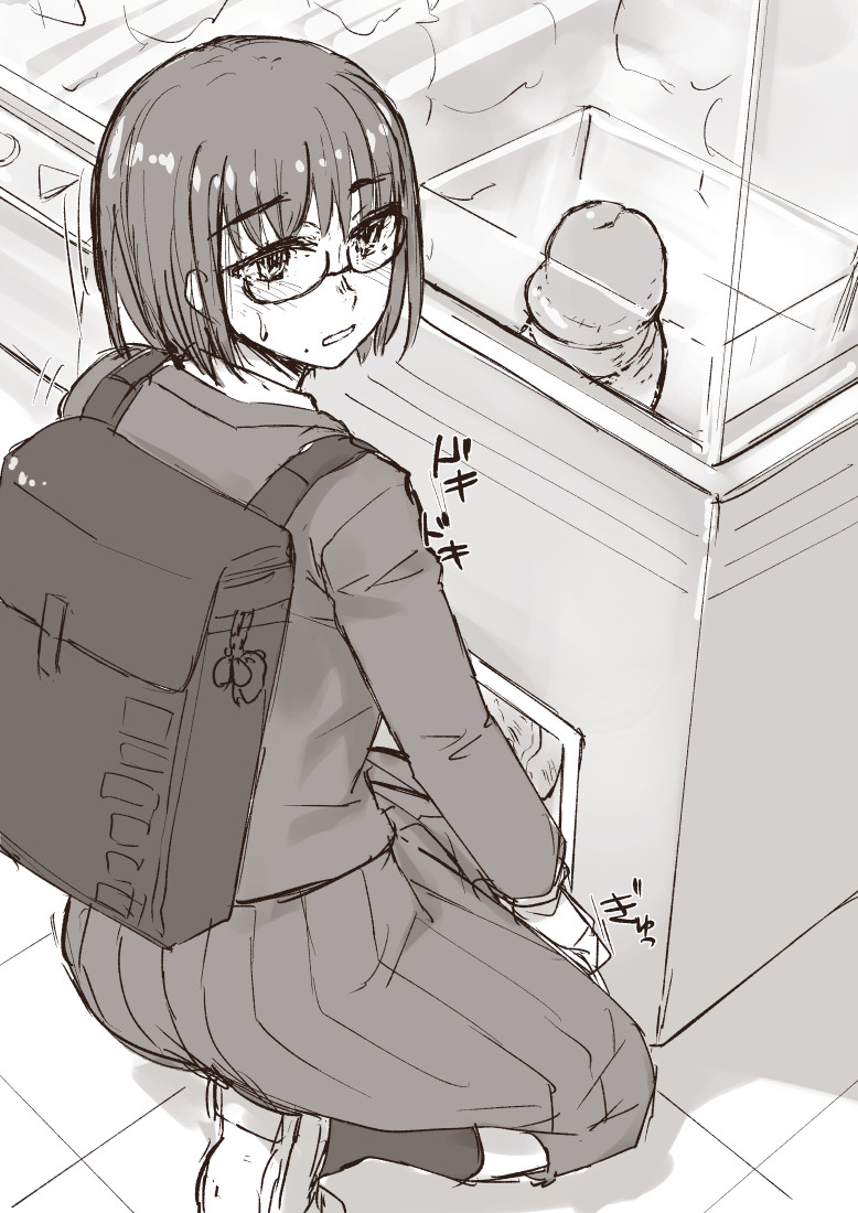 1futa accidental_circumstance accidental_erection backpack blush clothed clothing condessa embarrassed erection eyebrows_visible_through_hair futa_only futanari gigantic_penis glasses greyscale hiding_erection hiding_penis human hyper_penis monochrome mostly_clothed nervous penis public school_uniform short_hair solo squatting sweat