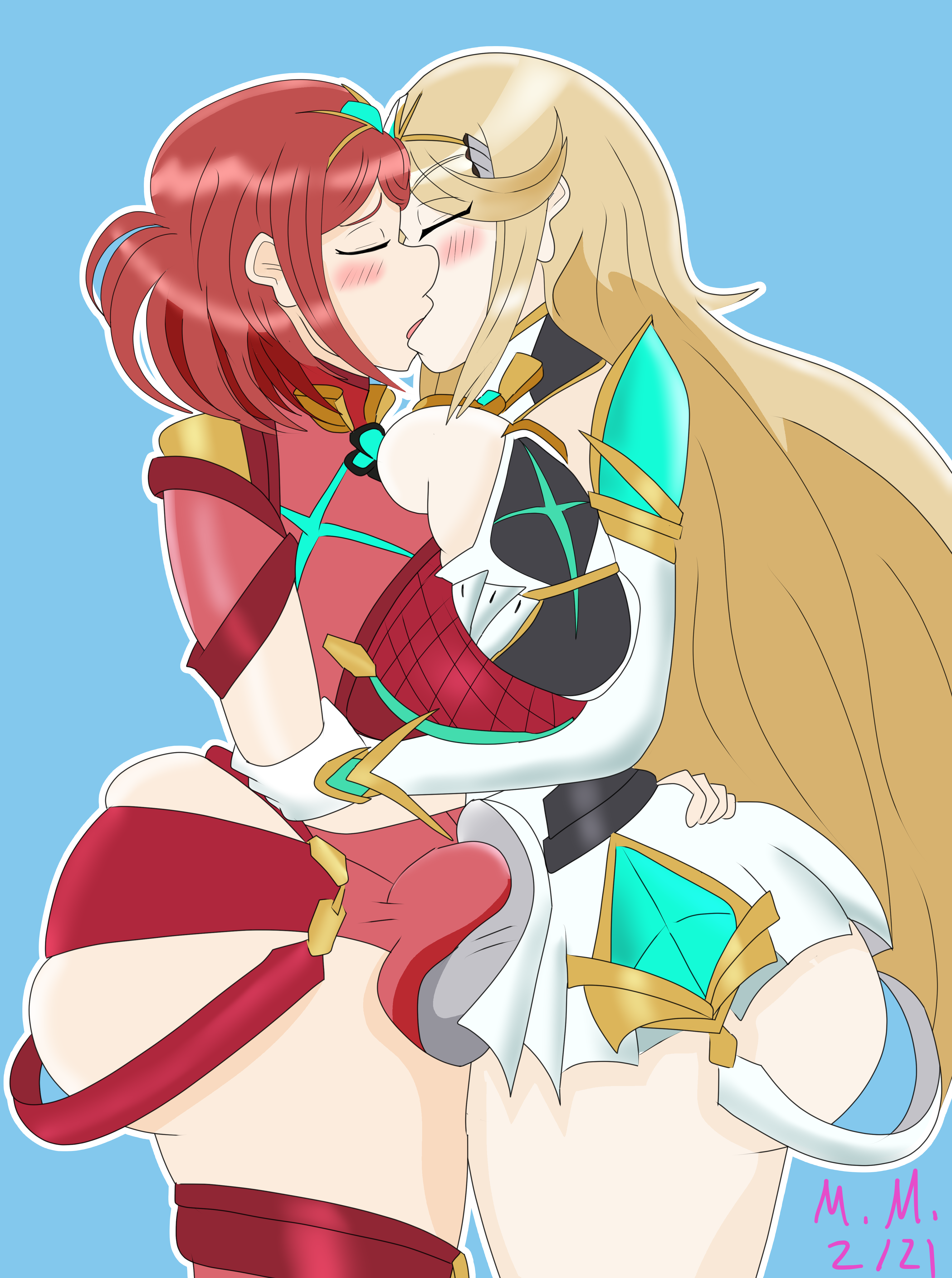 2futas, ass, big ass, big ass (futa), blonde hair, blush, breast press, breasts, breasts to breasts, closed eyes, clothed, clothing, duo, erection under clothes, female, frottage, frottage through clothing, fully clothed, futa on futa, futa only, futanari, intersex, kissing, light skin, light-skinned futa, long hair, mari (8668354), mythra, nintendo, pale skin, penis, pyra, red hair, short hair, sideass, thick, xenoblade (series), xenoblade chronicles 2, yuri