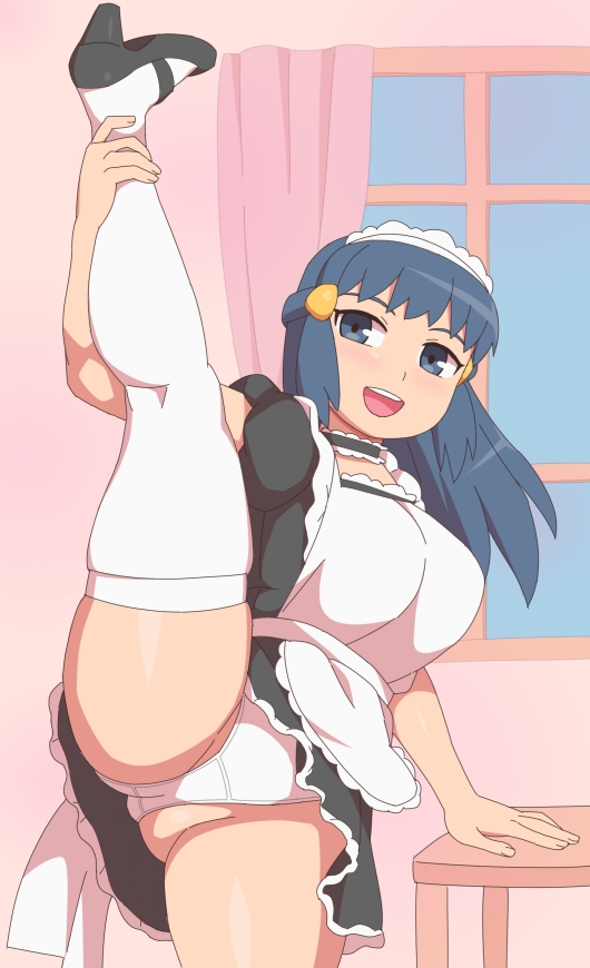 1girls big_breasts blue_eyes blue_hair breasts cameltoe dawn_(pokemon) female kabeume leg_hold leg_up legwear long_hair maid maid_headdress maid_uniform nintendo panties pokemon pokemon_dppt solo standing_on_one_leg thick_thighs vertical_splits