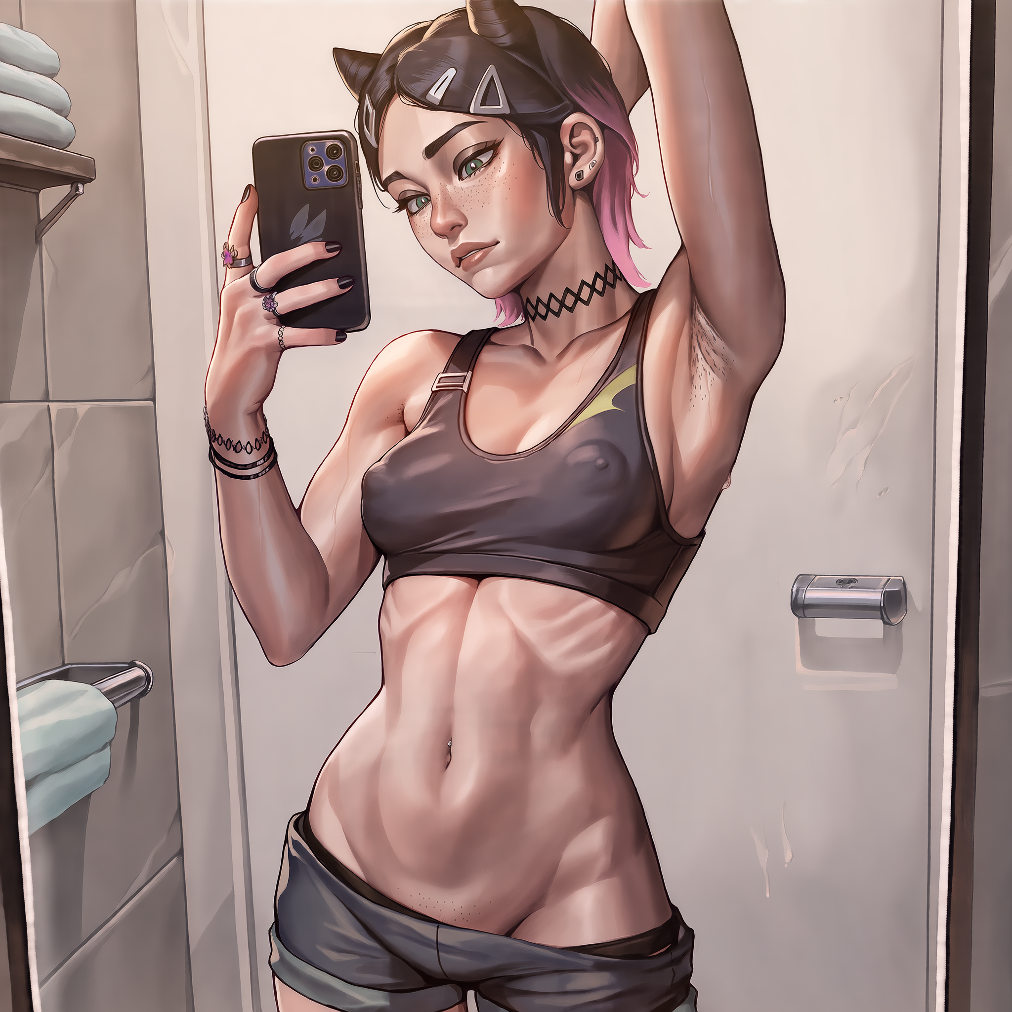1girl, ai generated, arm up, armpit hair, armpits, bathroom, black hair, breasts, choker, clove (valorant), falewii, female, flat stomach, gradient hair, hairclip, holding, holding object, holding phone, indoors, jewelry, mirror, mirror reflection, mirror selfie, navel, nipple bulge, nipples, nipples visible through clothing, phone, pink hair, pussy peek, ribs, ring (jewelry), rings, self upload, selfie, shorts, shorts pull, small breasts, smartphone, solo, sports bra, sports shorts, sportswear, stomach, stubble, thighs, valorant