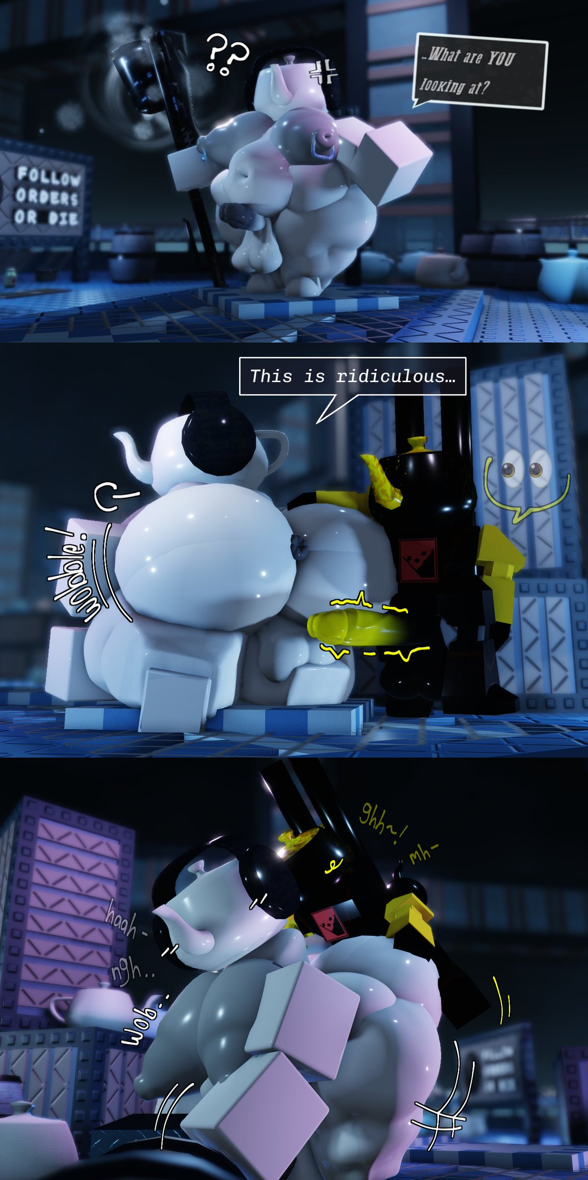 1boy, 1futa, 3d, anus peek, big breasts, cesus (the battle bricks), detailed background, doggy style, fat ass, fat belly, fat female, futanari, gaslight engine, male on futa, newell battler (the battle bricks), object head, roblox, roblox game, robloxian, size difference, smaller dominant, tagme, teapot head, the battle bricks