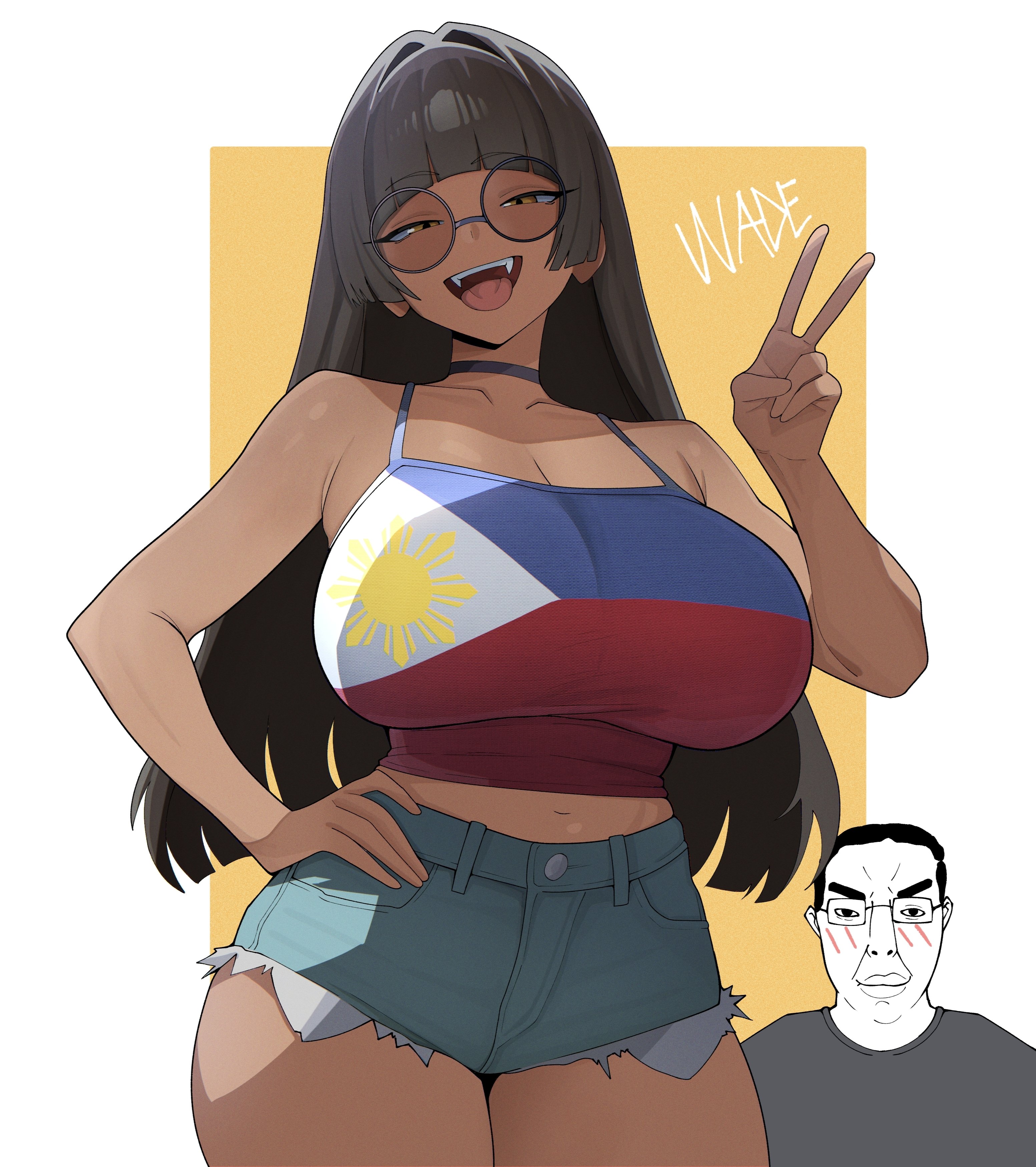 1boy, 1boy1girl, 1girl1boy, 2d, 2d (artwork), 2d artwork, 2girl, artist name, background, black hair, chud, chudjak, dark skin, dark-skinned male, digital art, digital drawing, digital media, fang, fangs, female, female focus, filipino, filipino female, glasses, hair, long hair, midriff, questionable, simple background, soyjak.party, soykio girl, wade 0w0