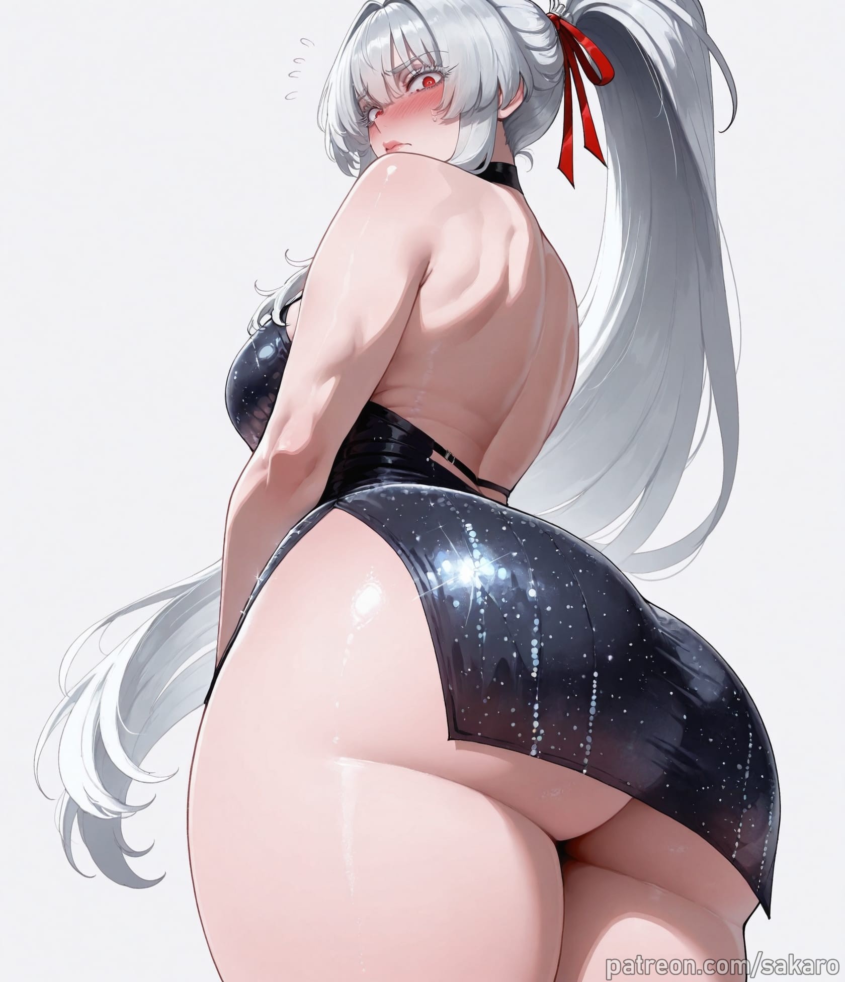 1girls, ai generated, ass, ass focus, back, backless outfit, bangs, bare shoulders, black dress, blush, breasts, dress, flying sweatdrops, from behind, hair ribbon, hiyuki (wuthering waves), large breasts, long hair, looking at viewer, looking back, ponytail, red eyes, red ribbon, ribbon, sakaro, simple background, solo, thick thighs, thighs, very long hair, white background, white hair, wuthering waves