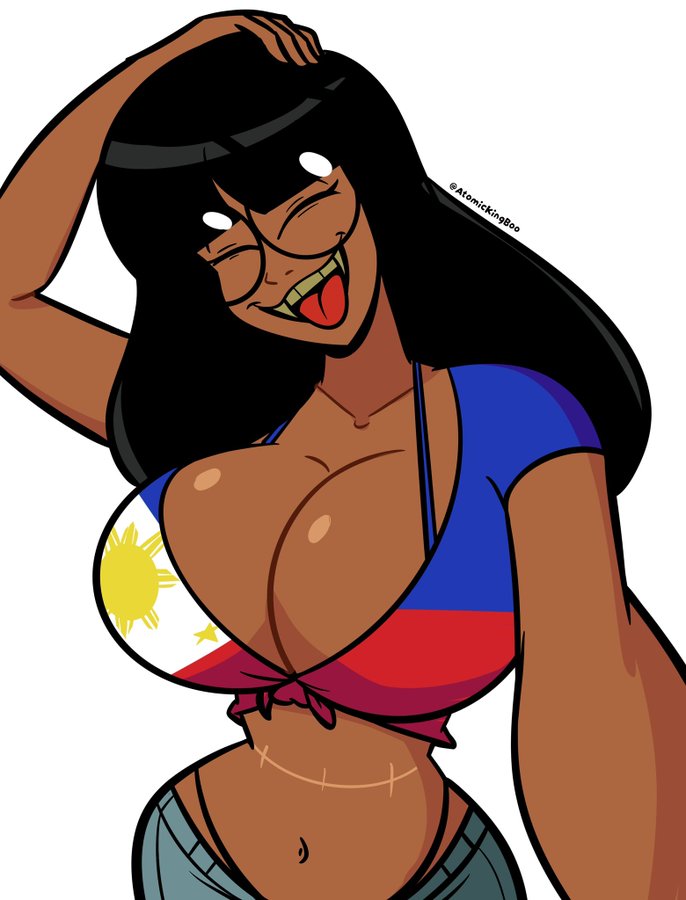 1girls, 2026, 2d, 2d (artwork), 2d artwork, artist name, ass, atomickingboo, big ass, big breasts, black hair, black high heels, black-haired female, bra strap, breasts, circular glasses, clothed, clothed female, clothing, colored teeth, crop top, digital media (artwork), fang, fang out, fangs, fangs bared, female, female only, flag, flag print, fully clothed, fully clothed female, glasses, hand on head, manananggal, oc, original, original character, pants, philippine flag, pov, round glasses, scar, selfie, selfie pose, solo, soykio girl, tan body, tan skin, tan-skinned female, thick thighs, thighs, thong, thong straps, tongue, tongue out