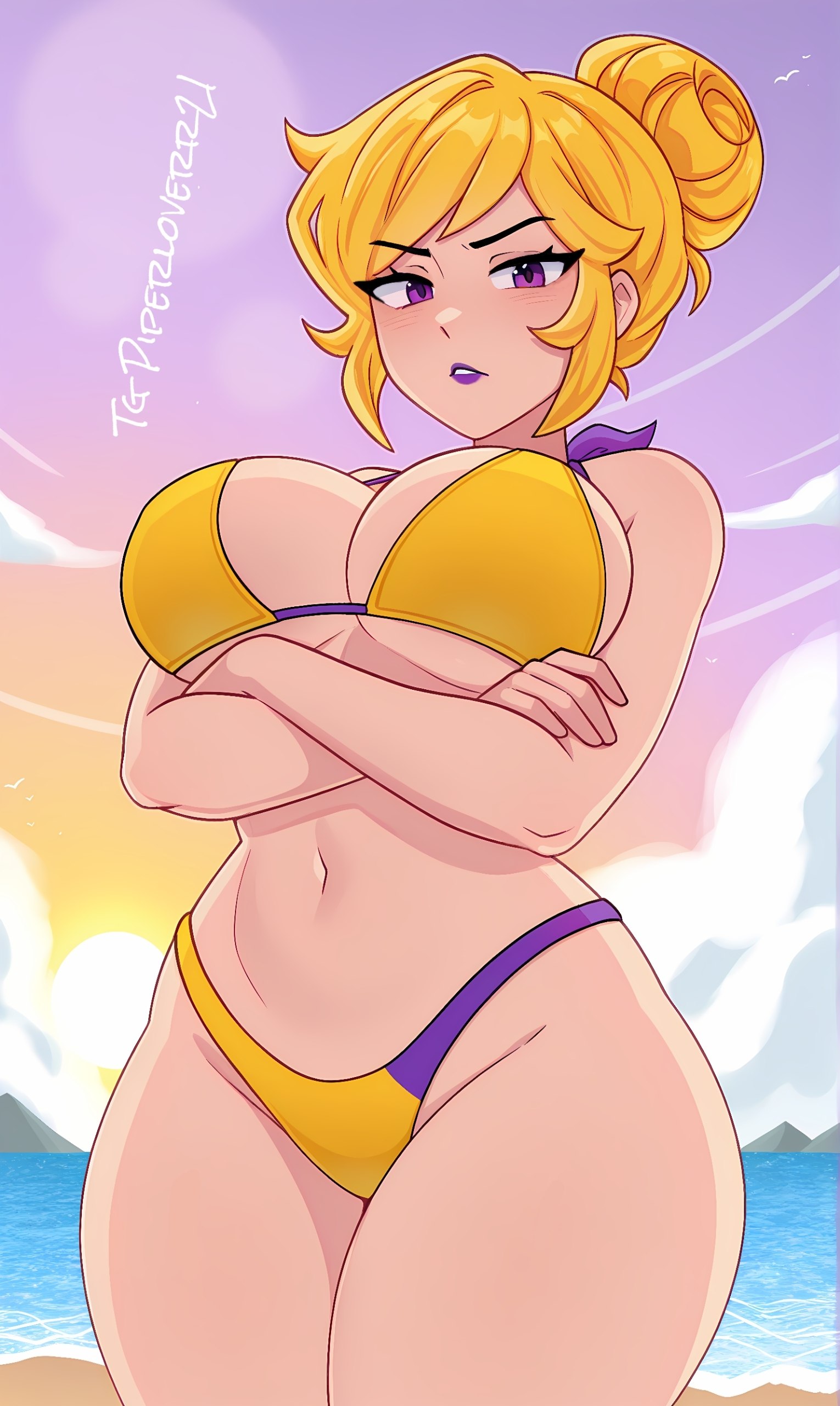 1girl, ai, ai generated, beach, big breasts, bikini, breasts, female, female only, gameoverse, large breasts, looking at viewer, miss information (gameoverse), nude, piperloverr21, wide hips