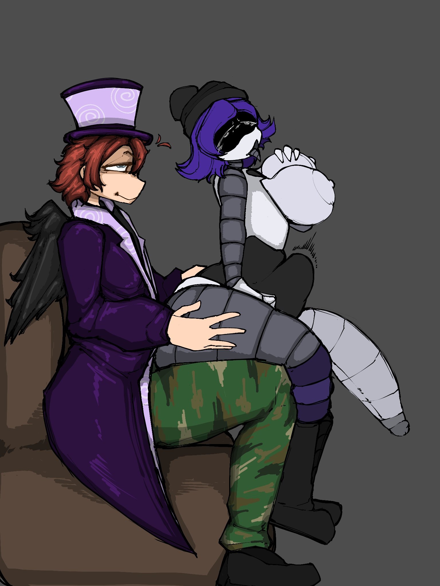 airfryer87, breasts, breasts out, canon x oc, futanari, glitch productions, grabbing own breast, gray glans, grey glans, half-erect, male on futa, murder drones, murder drones x humans, nipples, oc, oc x canon, penetration, purple eyes, purple hair, red hair, stomach bulge, uzi (murder drones), worker drone
