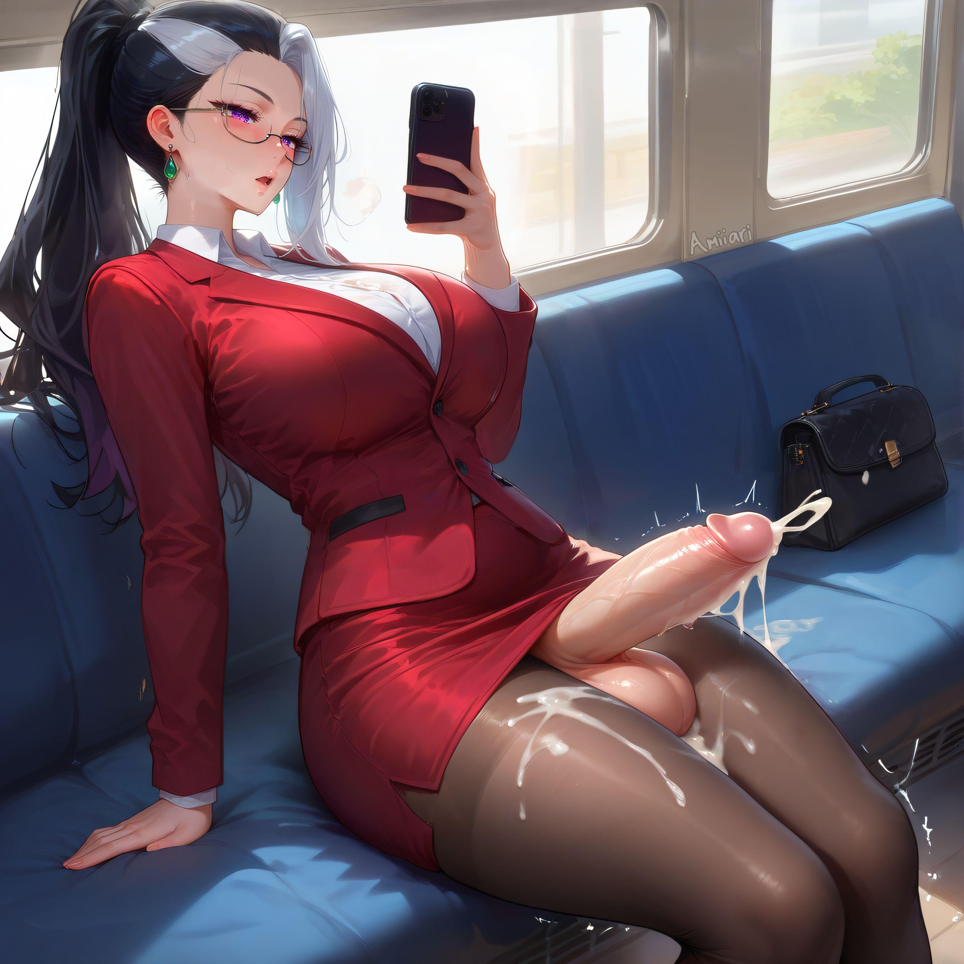 1futa, absurdres, ai generated, amiiari, arm support, bag, big breasts, big penis, blazer, blush, breasts, breath, bulge, button gap, cellphone, collared shirt, cum, cumshot, dress shirt, ear piercing, erection, erection under clothes, forehead, formal, futa only, futanari, half-closed eyes, handbag, handsfree ejaculation, holding, holding phone, huge penis, indoors, jacket, large breasts, large penis, leaning back, light-skinned futa, long penis, long sleeves, looking at viewer, looking down, makeup, miniskirt, office lady, open mouth, overflow, pantyhose, parted lips, pencil skirt, penis, phone, precum, red jacket, red skirt, seika jogakuin kounin sao ojisan, semen, shirt, sitting, skindentation, skirt, skirt suit, smartphone, solo, suit, sumeragi rikka, teacher, testicles, thick thighs, thighband pantyhose, thighs, torn clothes, train, train interior, trembling, twitching penis, veins, veiny penis, white shirt
