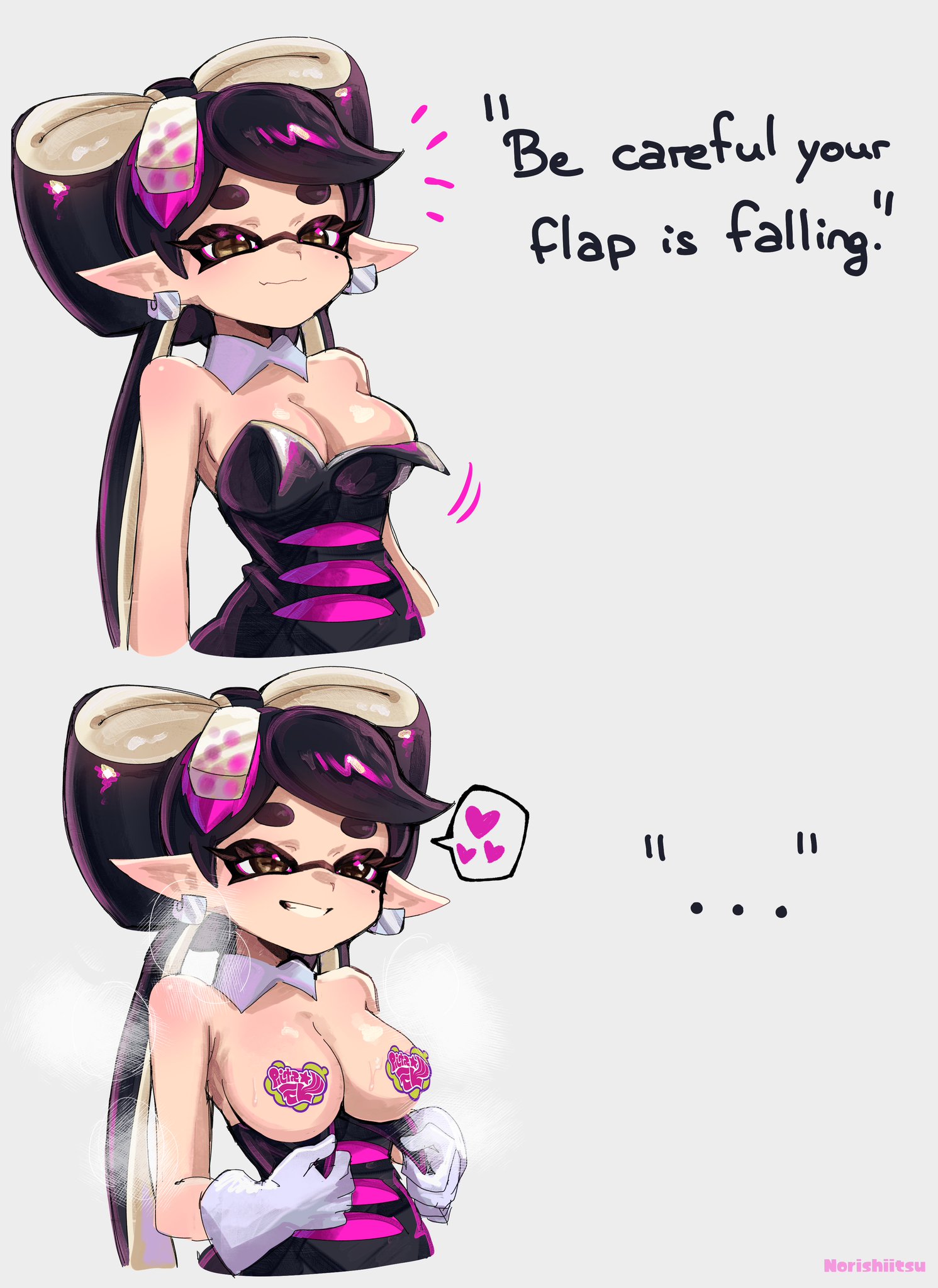 1girls, areolae peeking, bra strap is showing (meme), breasts, callie (splatoon), color, dialogue, earrings, english dialogue, english text, female, female focus, female only, gloves, medium breasts, meme, nintendo, norishiitsu, open eyes, pasties, revealing breasts, simple background, smile, splatoon, splatoon (series), text, twitter link, white background, white gloves