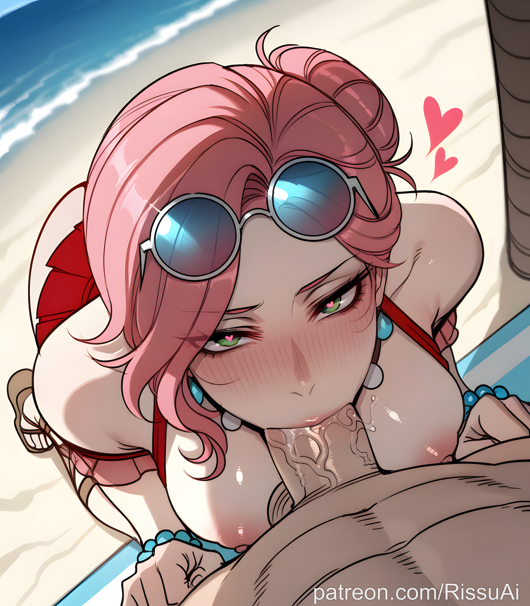 :>=, 1boy, 1female, 1girl, 1girls, 2026, absurdres, aesthetic, ai generated, anime, anime style, artist name, ashe (league of legends), bare shoulders, beach, beach towel, bead bracelet, beads, beautiful, beautiful female, beautiful girl, big ass, big breasts, bikini, blurred background, blush, blush lines, blushing, blushing female, bracelet, breasts, breasts out, bubble ass, bubble butt, clothed female nude male, curvy, curvy body, curvy female, curvy figure, curvy hips, curvy thighs, cute, cute face, day, digital art, digital painting, earrings, excited, excited expression, excited female, excited for sex, eyewear on head, fellatio, frilled bikini, from above, green eyes, hair bun, heart, heart in eye, heart-shaped pupils, hetero, high quality, highres, horny, horny expression, horny face, horny female, huge breasts, jewelry, kneeling, large ass, large breasts, large penis, league of legends, league of legends: wild rift, line art, looking at viewer, nipples, nude, ocean, ocean song ashe, official alternate costume, oral, outdoors, patreon, patreon link, patreon logo, patreon username, penis, pink hair, pov, red bikini, riot games, rissuai, saliva, sand, sandals, sexy, sexy body, sexy female, sexy pose, shiny skin, single hair bun, soft shading, solo focus, sunglasses, swimsuit, symbol-shaped pupils, testicles, thick, towel, uncensored, veins, veiny penis, water, web address