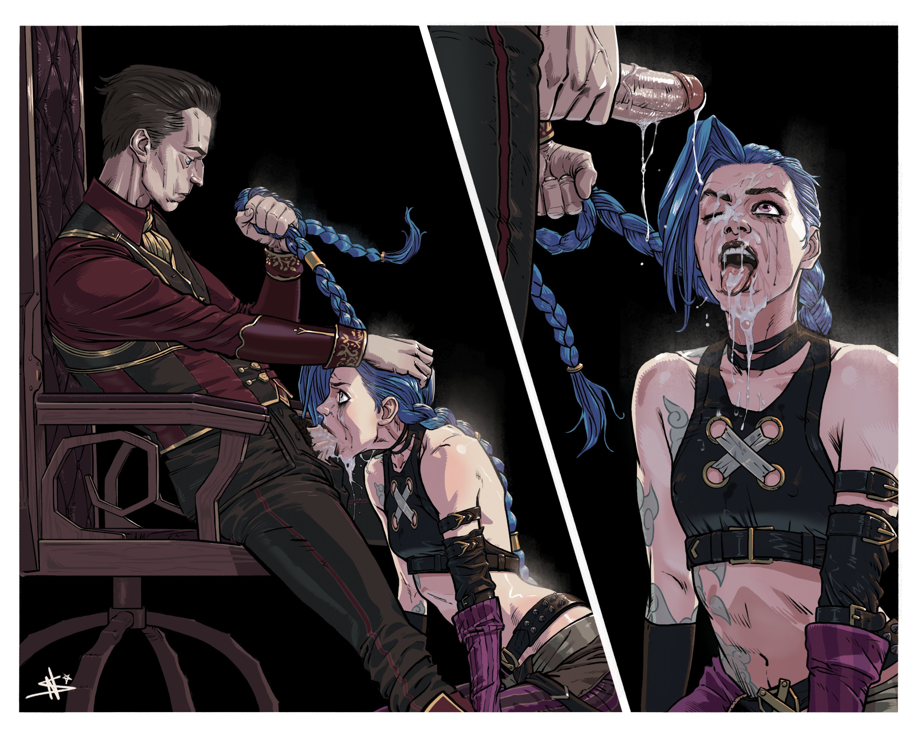 1boy, 1girls, 2d, adoptive daughter, adoptive incest, age difference, arcane, arcane jinx, athletic female, blowjob, blue hair, braid, braided hair, braids, clothed, cum, cum in mouth, cum inside, cum on face, cum on tongue, deepthroat, facial, fellatio, female, forced oral, hair pull, hand on head, human, jinx (league of legends), kneeling, league of legends, light-skinned male, male, nakedseason, one eye closed, oral, penis, penis out, pink eyes, pulling hair, purple eyes, ruined makeup, runny makeup, runny mascara, silco (arcane), sitting, straight, tattoo, tattoos, tongue, tongue out