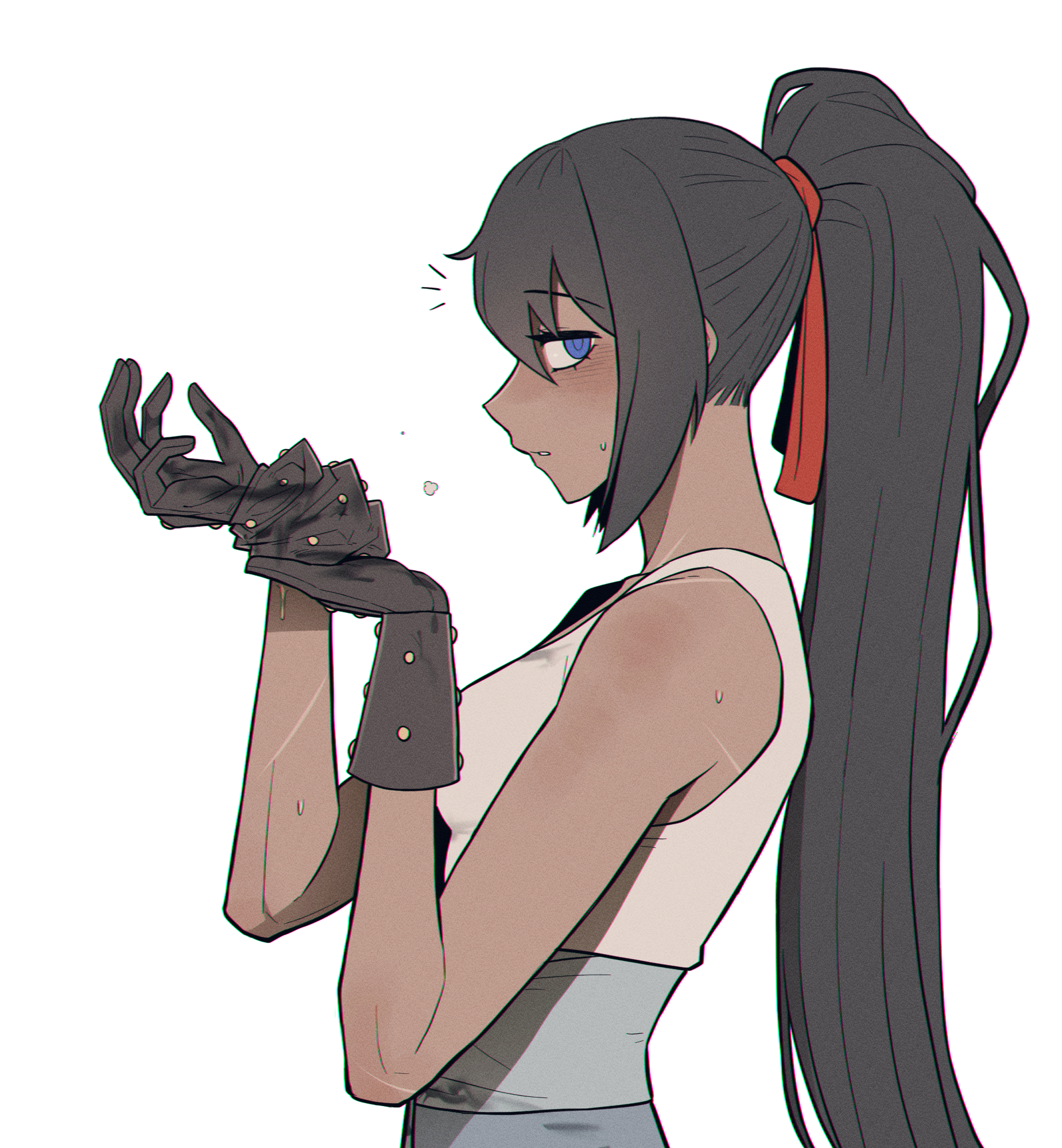 ..., 1girls, bare shoulders, caught, dark skin, dark-skinned female, disgusted, disgusted look, female, female only, gloves, im gyeong-eop (limbus company), limbus company, looking at viewer, misg1111, ponytail, project moon, removing glove, scars, shaded face, sweat, sweaty hands, tank top