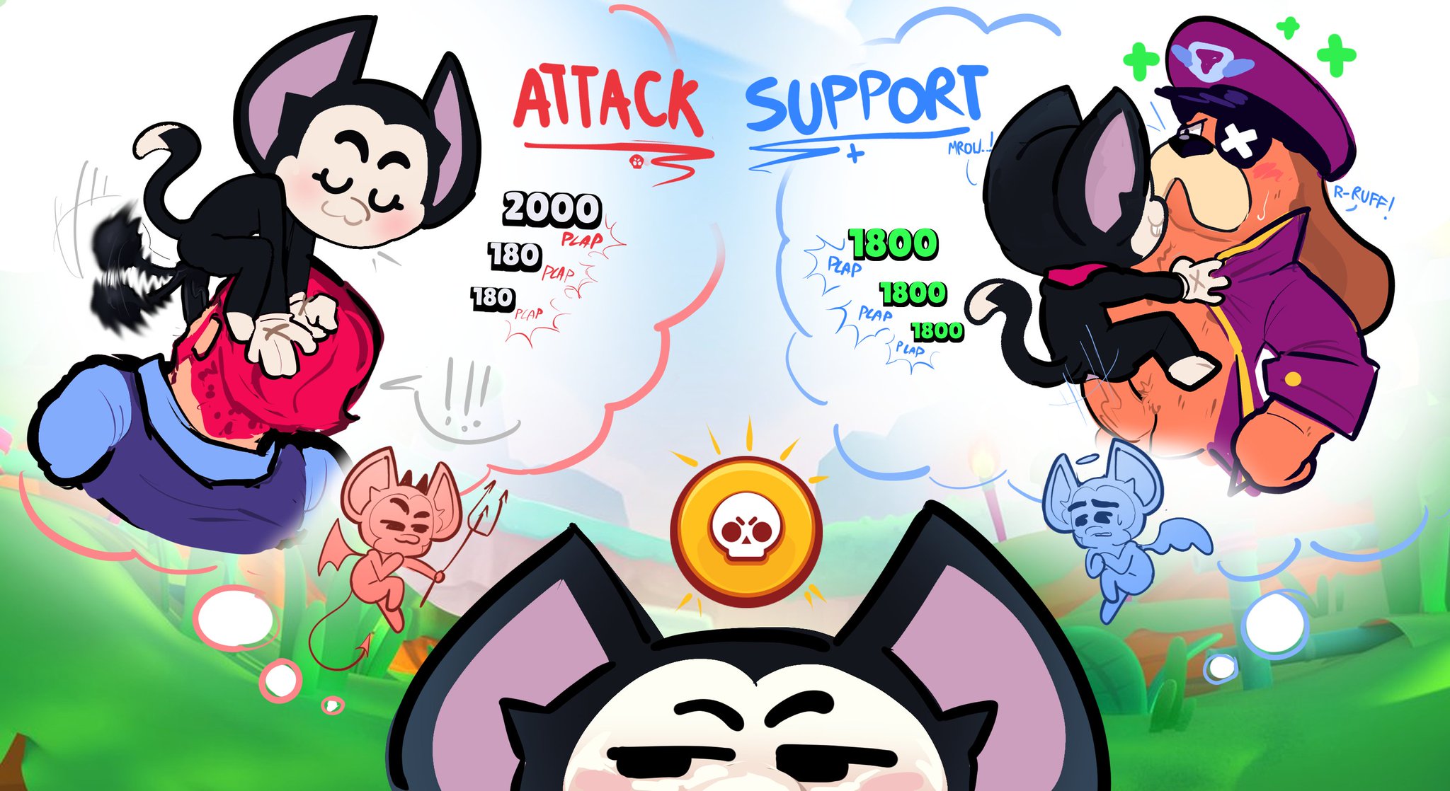 anal sex, blushing, brawl stars, canine, cat, coffeecuntz, colonel ruffs, colt (brawl stars), feline, furry, gay sex, hand on head, kit (brawl stars), oral sex, ruffs, size difference, sweating, swinging balls, tagme, tail, thought bubble