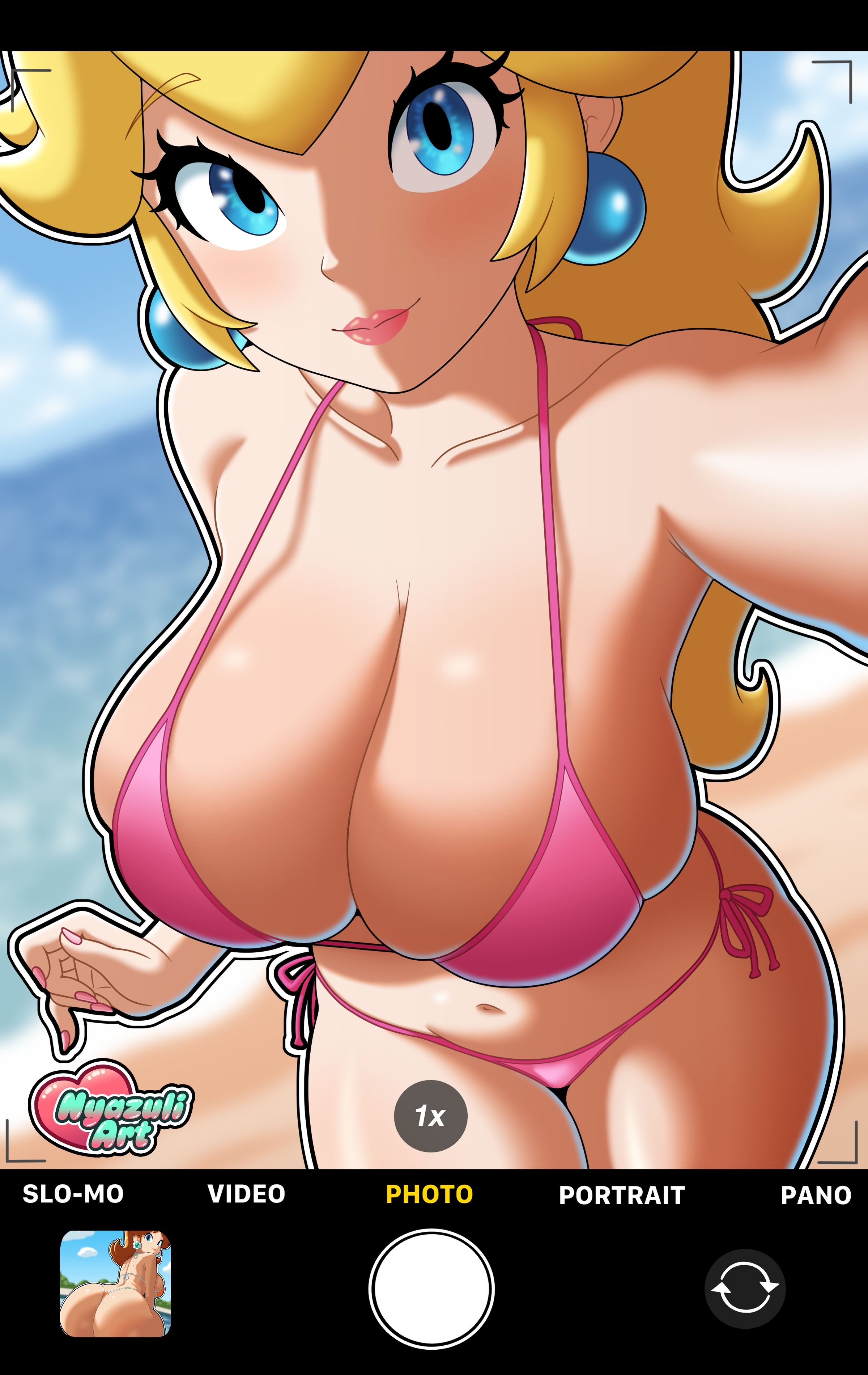2girls, big ass, bikini, bikini top, blonde hair, huge ass, huge breasts, mario (series), mario bros, micro bikini, nyazuliart, princess daisy, princess peach, selfie, super mario bros., taking photo, taking selfie, thick hips, thick thighs
