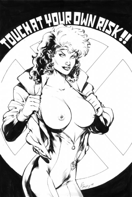 1girls anna_marie big_breasts breasts buzz_(artist) clothing english_text female female_only headband human jacket looking_at_viewer marvel monochrome nipples open_clothing rogue_(x-men) solo standing tagme touch_at_your_own_risk wavy_hair x-men