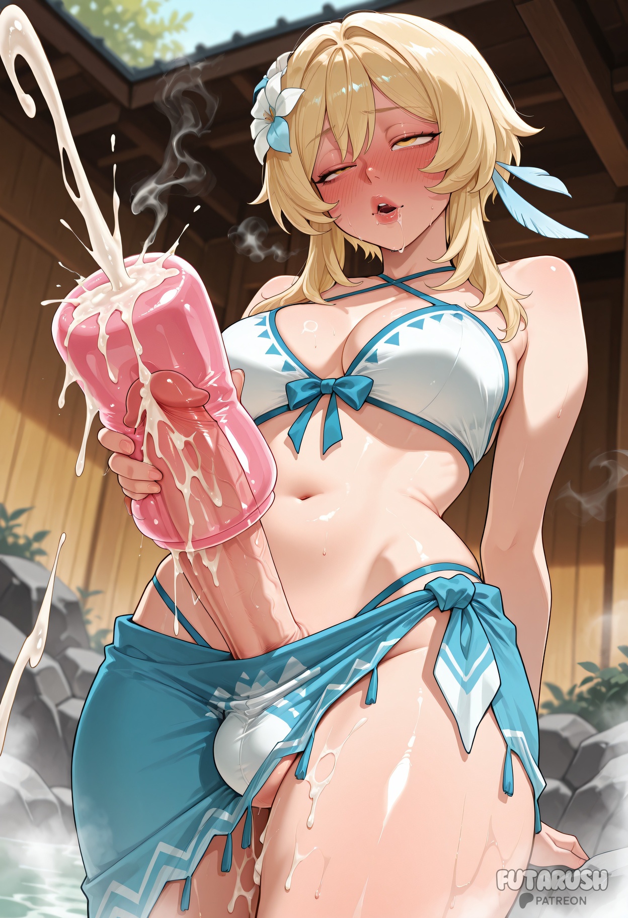 1futa, ai generated, artificial vagina, artist name, bikini, blonde hair, blue sarong, blush, breasts, cowboy shot, criss-cross halter, cum, cum on legs, cum on penis, ejaculation, erection, excessive cum, flower, futa only, futanari, futanari masturbation, futarush, genshin impact, hair flower, hair ornament, half-closed eyes, hoyoverse, large breasts, large penis, light-skinned futa, lips, lumine (genshin impact), lumine (hot springs) (genshin impact), masturbation, mihoyo, navel, onsen, open mouth, patreon, patreon username, penis, sarong, sex toy, short hair with long locks, solo, steam, stomach, sultryspark, swimsuit, teeth, testicles, uncensored, water, white bikini, white flower, yellow eyes