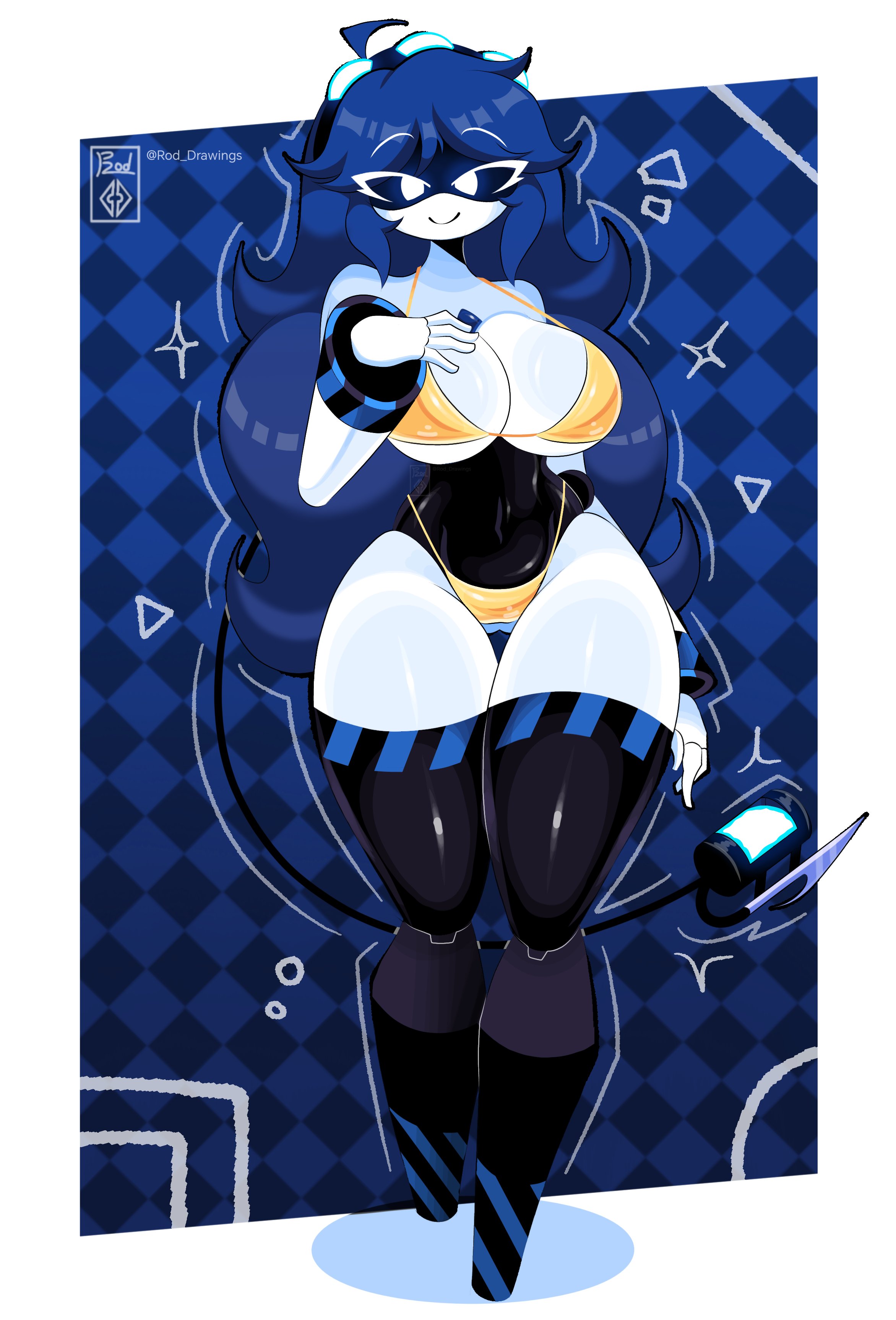 1girls, 2026, bikini, bikini bottom, breasts, commission, commission art, female, female only, golden bikini, murder drones, oc, original character, tagme, tagme (character), the rod26, thighhighs, thighs