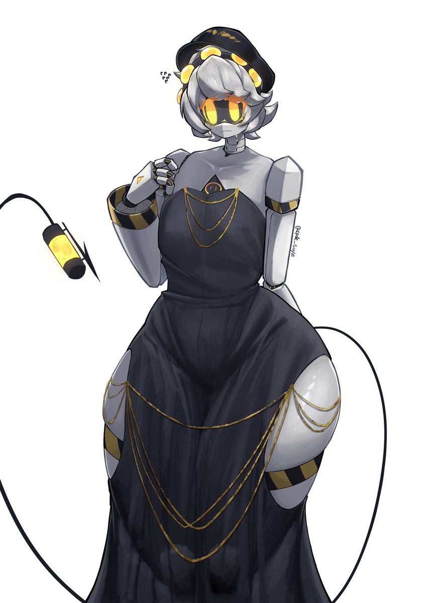 1boy, black dress, bottom heavy, bottom heavy femboy, child bearing hips, curvy, curvy femboy, cute, cute femboy, dress, epokguyz, femboy, glitch productions, grey hair, hat, huge thighs, male, male only, modakawa dress, murder drones, n (murder drones), robot, robot male, tail, thick thighs, thighs, white background, wide hips, yellow eyes