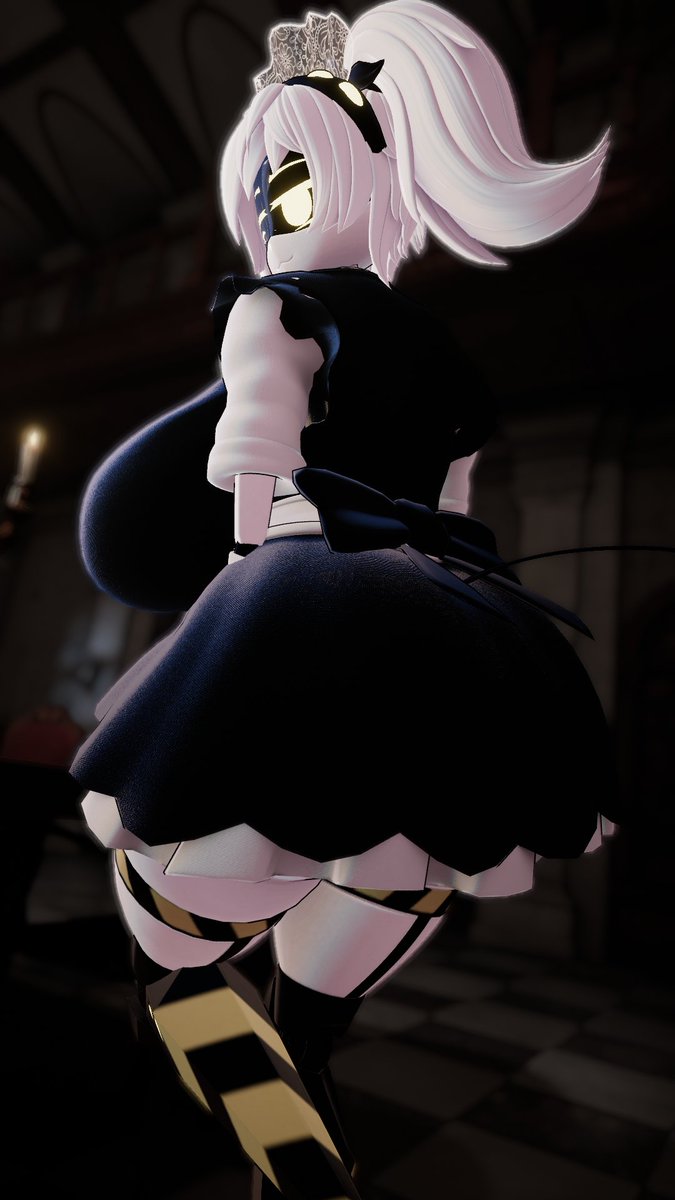 1girls, ass, big ass, big butt, boobs, bow, breasts, female focus, female only, grey hair, huge butt, j (murder drones), maid uniform, murder drones, pussy, showing ass, silver2299, smile, smiling, smiling at viewer, tail, thick thighs, thighs, tiara, yellow eyes