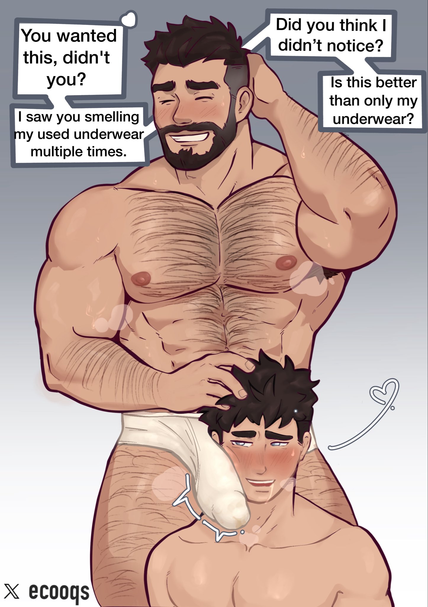 2boys, abs, age difference, bara, beard, black hair, briefs, bulge, chest hair, deltoids, ecooqs, erection, erection under clothes, father and son, gay, incest, leg hair, muscular, muscular male, original, pecs, underwear, yaoi