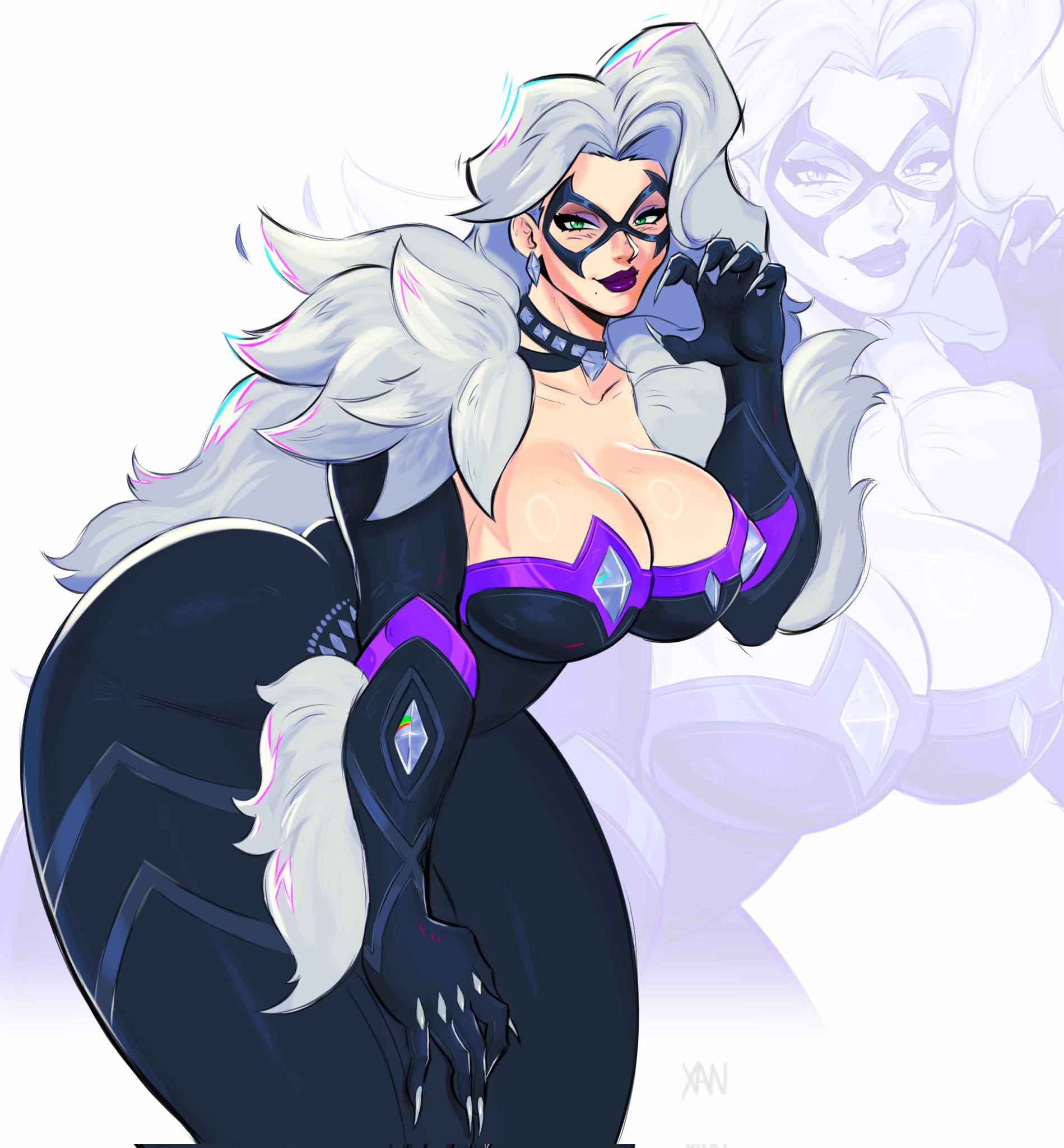 1girl, 2026, 2d, alluring, ass, ass cleavage, big ass, big breasts, big butt, black cat (marvel rivals), black cat (marvel), bodysuit, breasts, bursting breasts, butt, choker, claws, cleavage, clothed, collar, color, colored, curvaceous, curvaceous body, curvaceous female, curvaceous figure, curvaceous hips, curvy, curvy body, curvy female, curvy figure, curvy hips, domino mask, earrings, enticing, eyemask, felicia hardy, female, fully clothed, green eyes, hips, huge ass, huge breasts, huge butt, large ass, large breasts, large butt, light skin, light-skinned female, looking at viewer, marvel, marvel comics, marvel rivals, mask, masked, masked female, massive ass, massive breasts, massive butt, pinup, purple lipstick, seducing, seductive, seductive look, seductive pose, skin tight, solo, spider-man (series), superheroine, teasing, teasing viewer, temptation, tempting, tempting viewer, thick, thick ass, thick breasts, thick butt, thick hips, thick lips, thick thighs, tight clothes, tight clothing, voluptuous, voluptuous female, white background, white fur, white hair, wide hips, xanman art