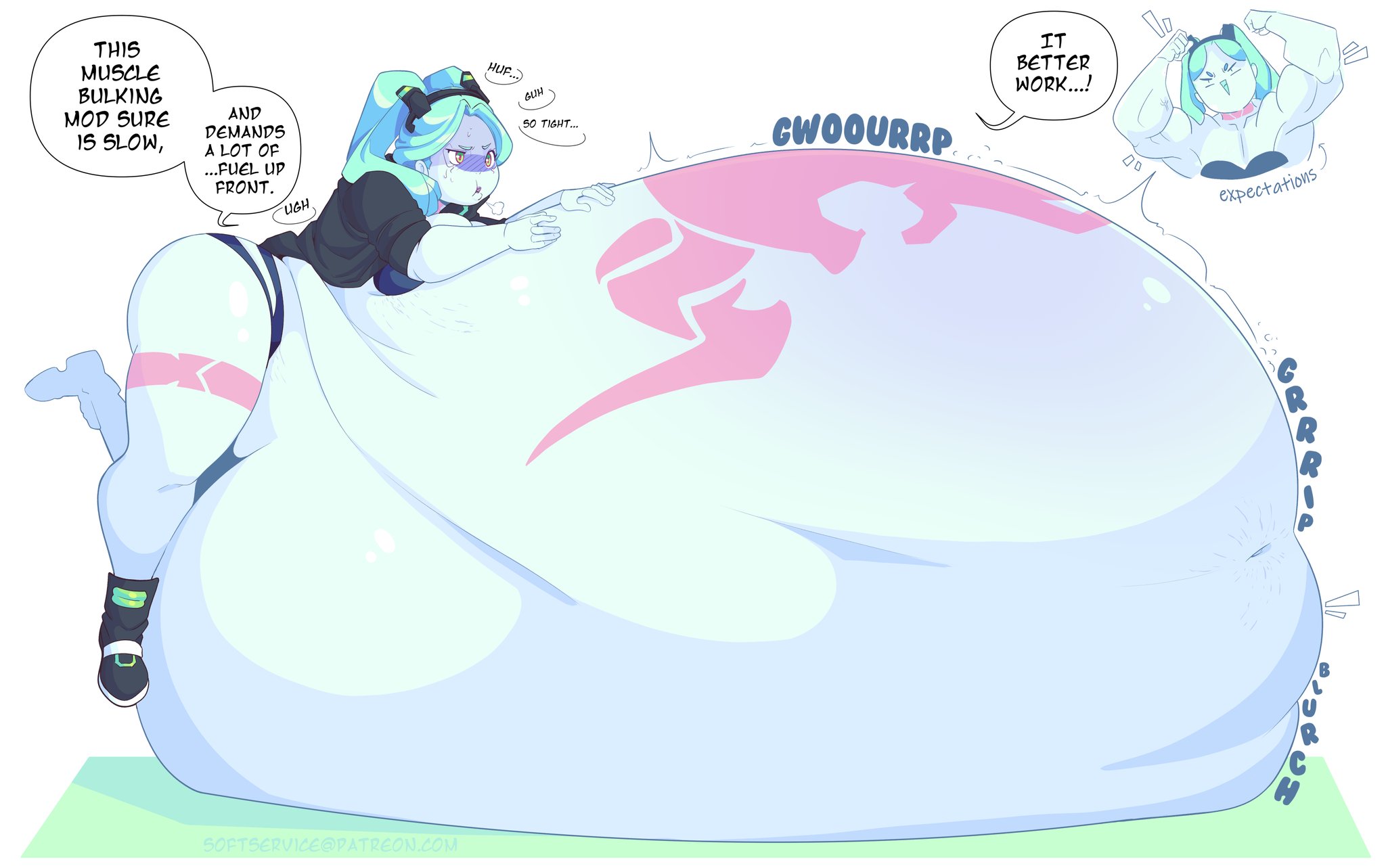 1girls, belly bigger than body, belly expansion, big ass, big belly, cyberpunk 2077, cyberpunk: edgerunners, cyborg, cyborg girl, dialogue, expansion, huge belly, inflation, rebecca (edgerunners), softerservice, softservice, tagme
