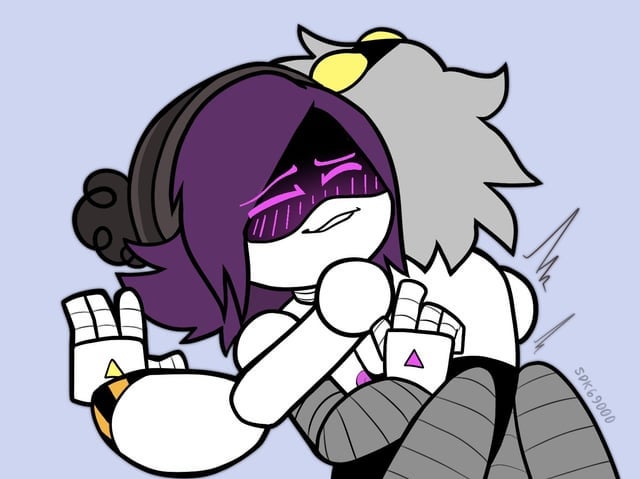 1boy, 1boy1girl, 1girls, blue background, canon couple, glitch productions, grey hair, hat, intercourse, murder drones, n (murder drones), penetration, purple eyes, purple hair, robot sex, sdk69000, sex, smiling, straight, straight sex, uzi (murder drones), uzi doorman