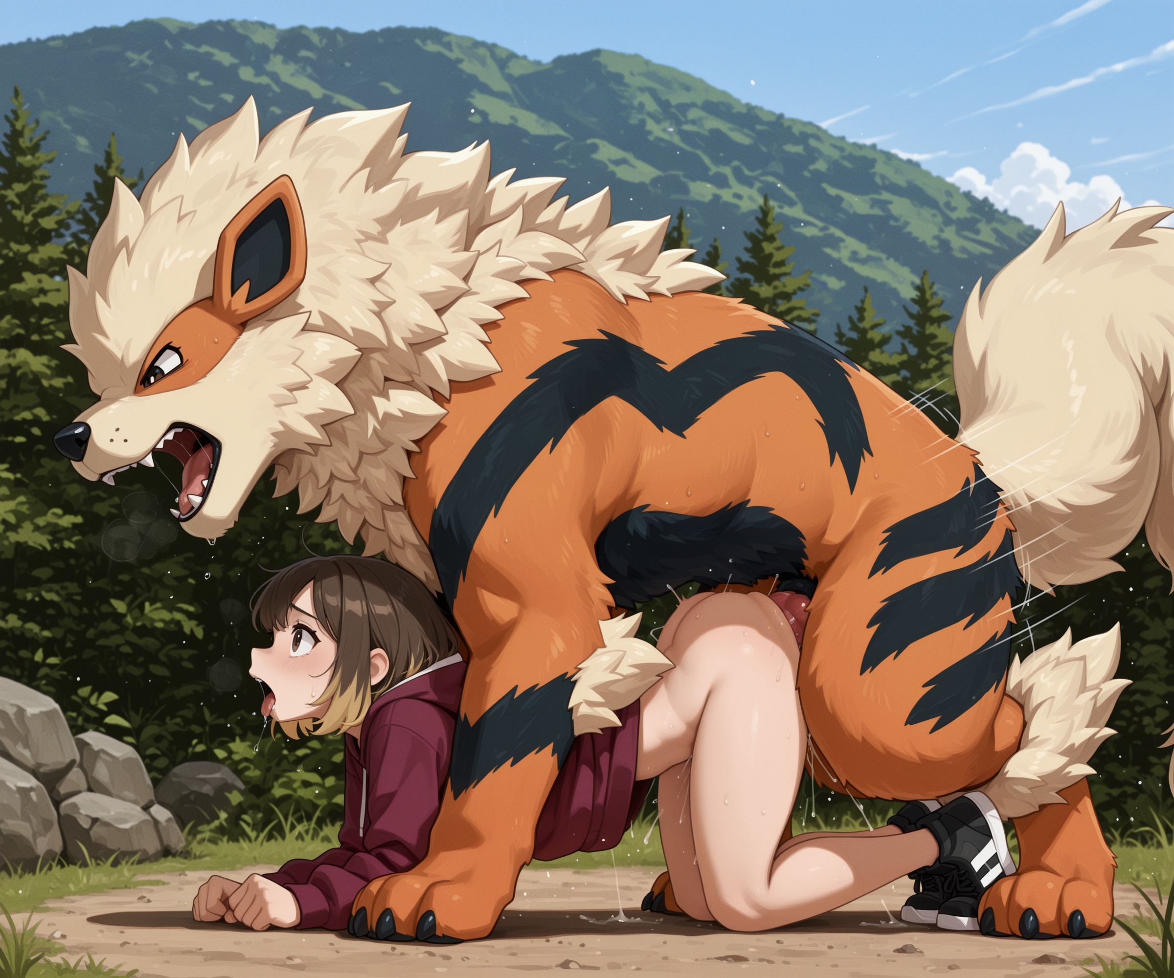 1girls, ai generated, ambiguous penetration, arcanine, black fur, blonde highlights, bodily fluids, bottomless female, breedorbred, brown hair, canid, canine, canine penis, claws, comfyui, doggy style, fangs, female, feral, feral on female, feral penetrating human, fur markings, hi res, highlights (coloring), larger male, light-skinned female, mane, mounting, mouth open, multicolored fur, orange fur, paws, penis, pokemon, pokemon (species), pokemon trainer, pokephilia, request, roaring, rough sex, shoulder length hair, smaller female, sneakers, sweatshirt, tail, tan fur, tongue out, top-down bottom-up, zoophilia
