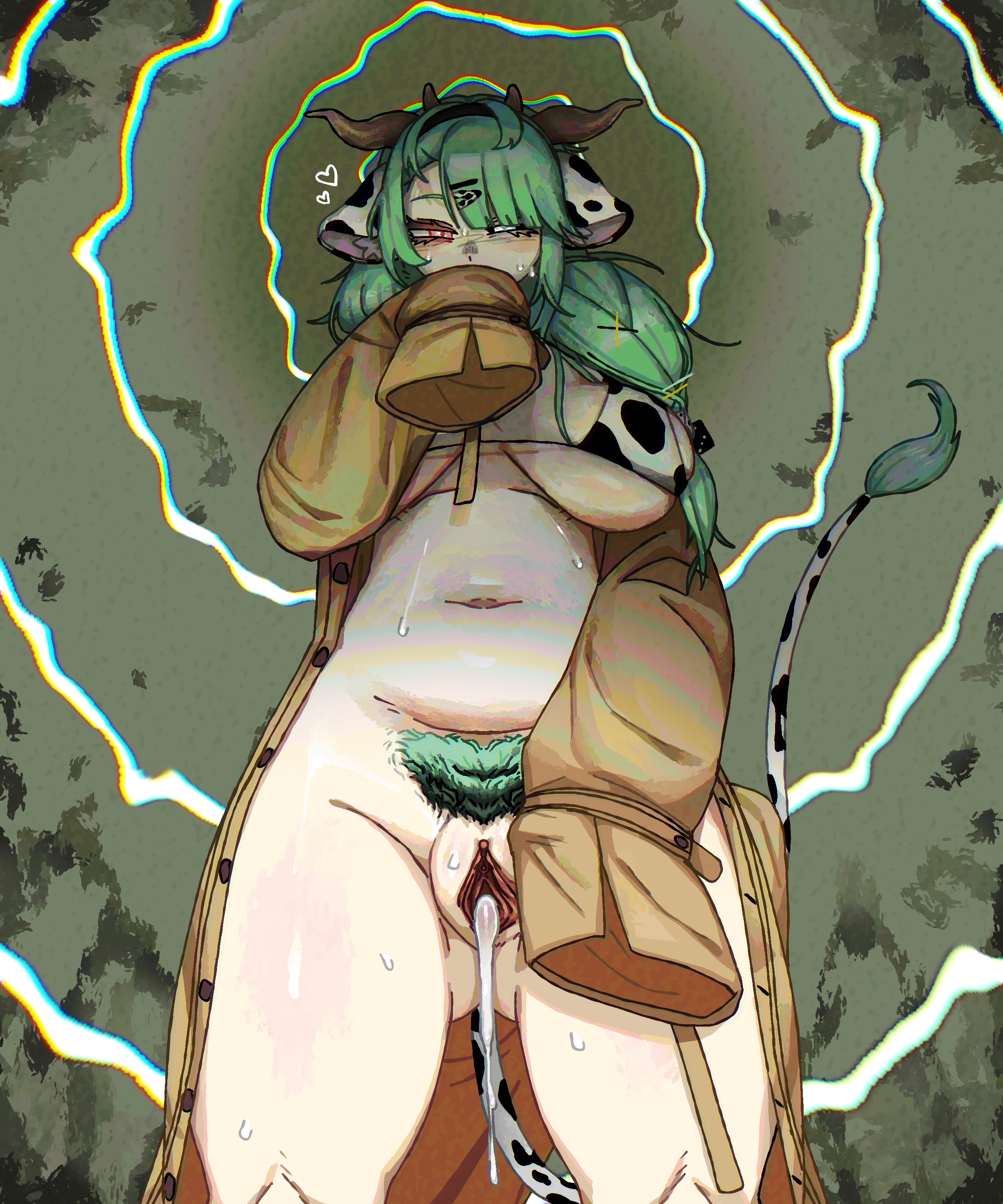 1girls, after sex, after vaginal, big breasts, bikini top, breasts, cow ears, cow print, cow print bikini, crelly, cum, cum in pussy, cum inside, cum leaking out of pussy, female, female only, female pubic hair, green hair, indie virtual youtuber, light skin, light-skinned female, long hair, pubic hair, solo, standing, trenchcoat, trophimos, virtual youtuber, vtuber