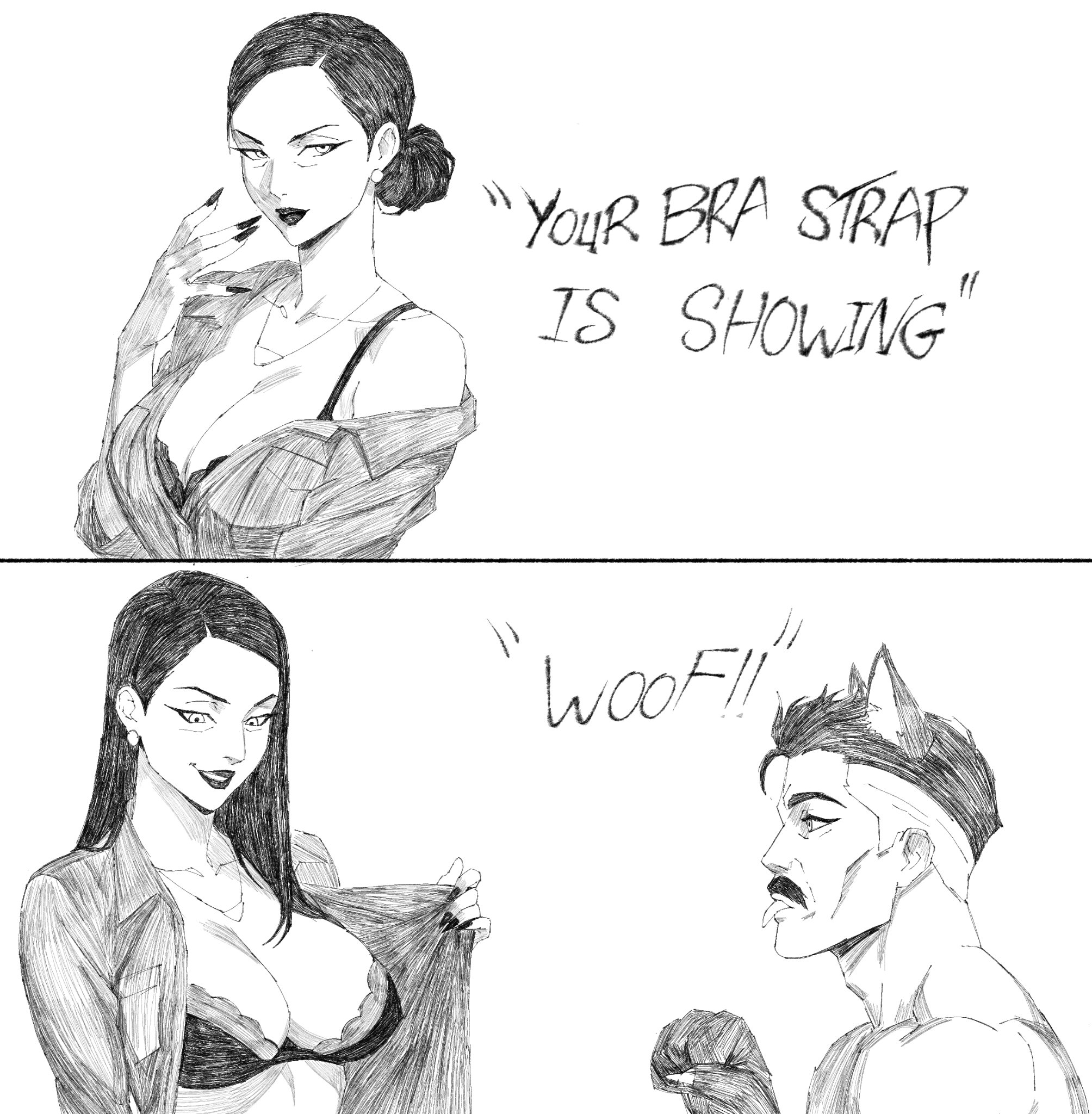 1boy, 1girls, asian, big breasts, black hair, bra, bra strap is showing (meme), breasts, clothed, clothing, debbie grayson, dialogue, english text, female, female focus, flashing, flashing breasts, hex mamaniac, human, invincible, invincible (tv series), korean female, male, mark grayson, meme, milf, monochrome, omni-man, simple background, text, twitter link, white background