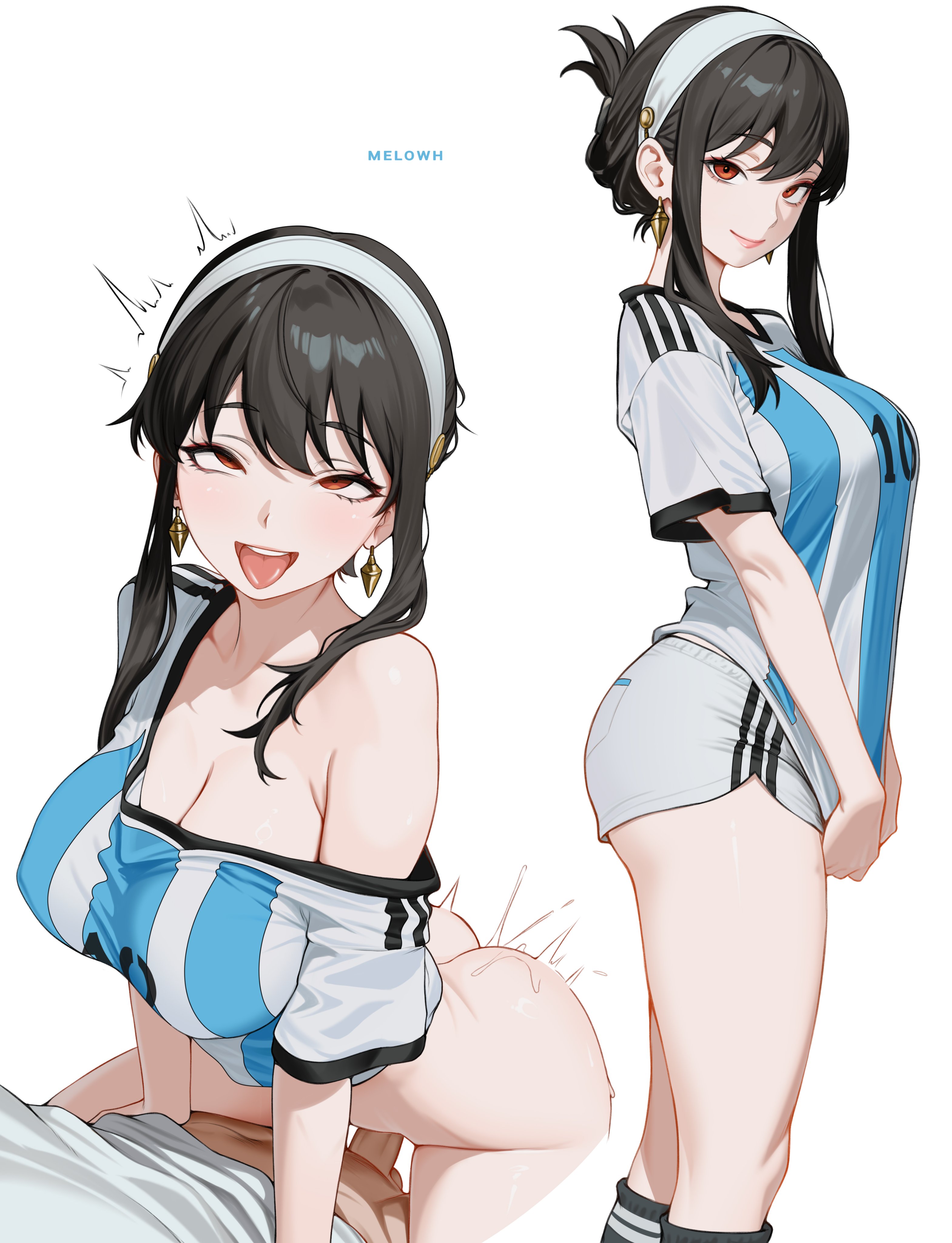 1boy, 1girls, alternate costume, bottomless, clothed sex, curvaceous, curvy, curvy female, female, female focus, light skin, light-skinned female, melowh, milf, no panties, partially clothed, sex, soccer uniform, solo focus, spy x family, straight, thick thighs, thighs, yor briar, yor forger