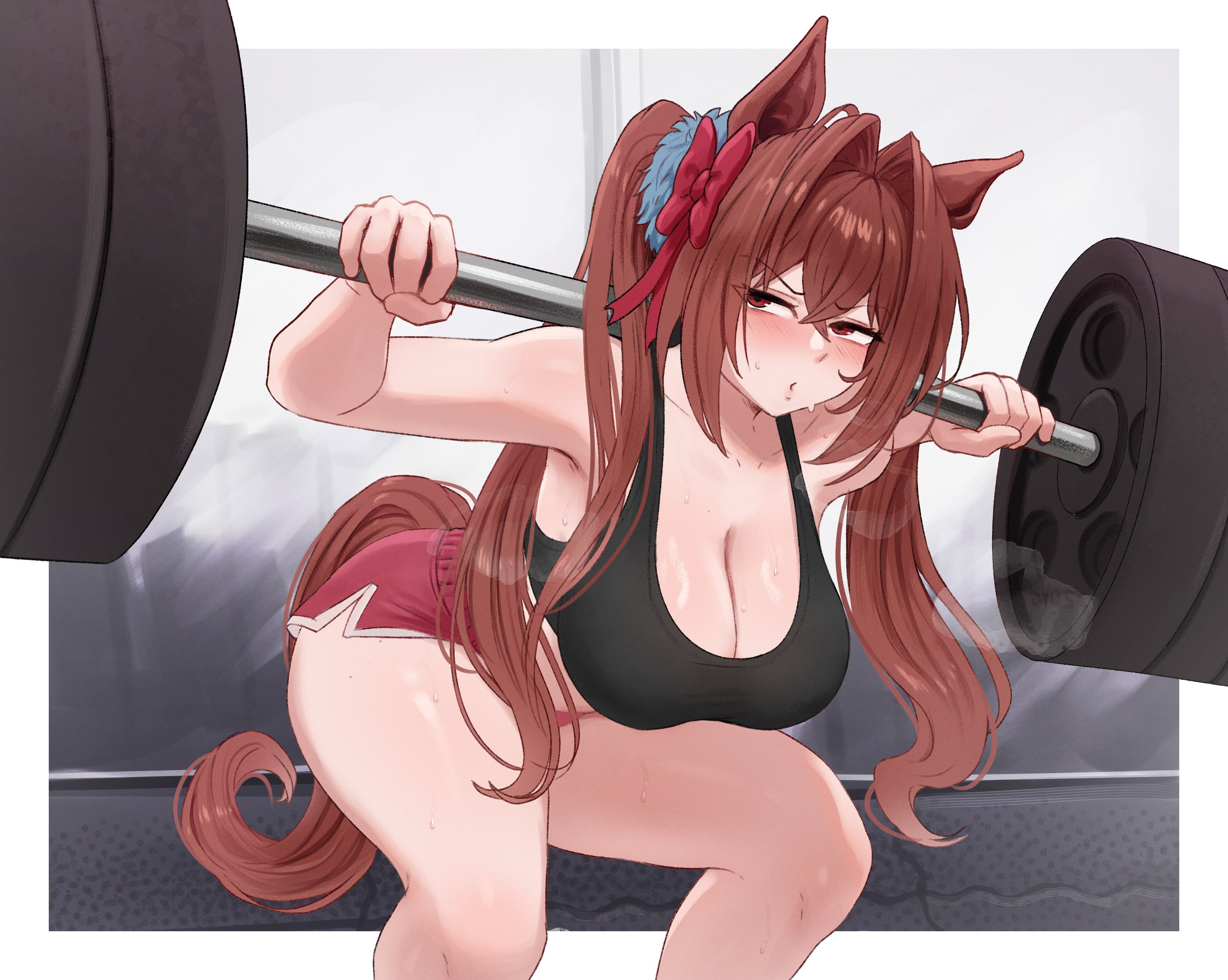 1girls, big breasts, big thighs, brikot, brown eyes, brown hair, daiwa scarlet (umamusume), exercise, gym, hair ornament, horse ears, horse girl, horse tail, lifting, long hair, pekot, short shorts, shorts, steam, sweat, sweatdrop, sweating, sweaty, sweaty body, tail, thick thighs, umamusume, umamusume pretty derby, weightlifting