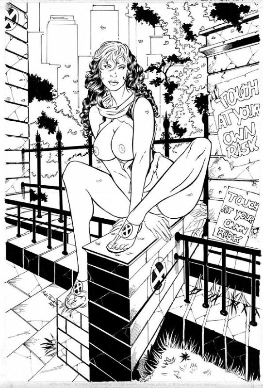 1girls 2004 alex_miranda anna_marie black_and_white breasts female female_only footwear front_view human line_art marvel monochrome outdoors partially_clothed rogue_(x-men) sitting solo tagme touch_at_your_own_risk wavy_hair x-men