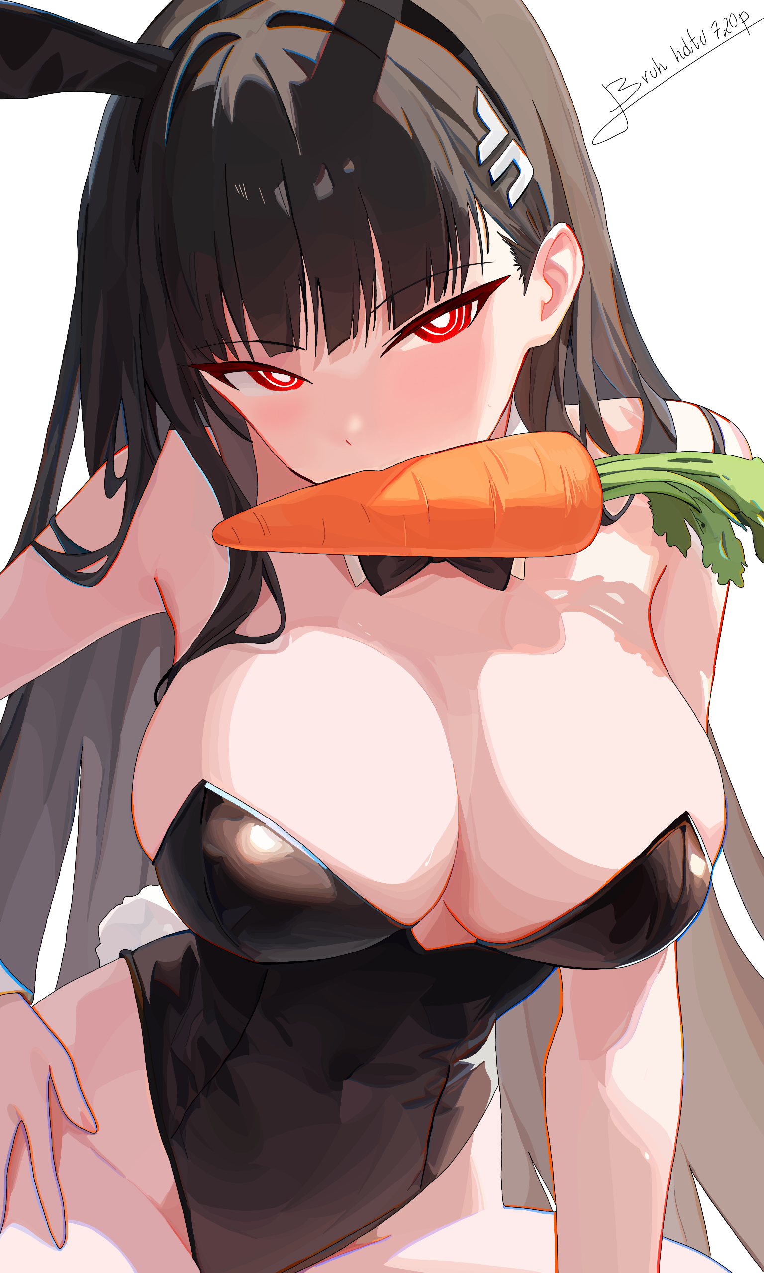 ass, at, big, bigger, black hair, blue archive, blush, body, breasts, breasts bigger than head, bruhhdtv720p (artist), bunny costume, bunny ears, bunny girl, bunny tail, bunnysuit, carrot in mouth, cute, cute face, embarassed female, embarrassed, face, female, flustered, focus, fuckable tits, head, hips, legs, look, mommy, no, off, red eyes, rio (blue archive), seductive, sexy, sexy pose, showing, showing breasts, showing tits, solo, squeezed, squeezing breast, squeezing butt, super cute, teenage, thick, thick ass, thick thighs, thighs, tits, tits bigger than head, titties, together, viewer