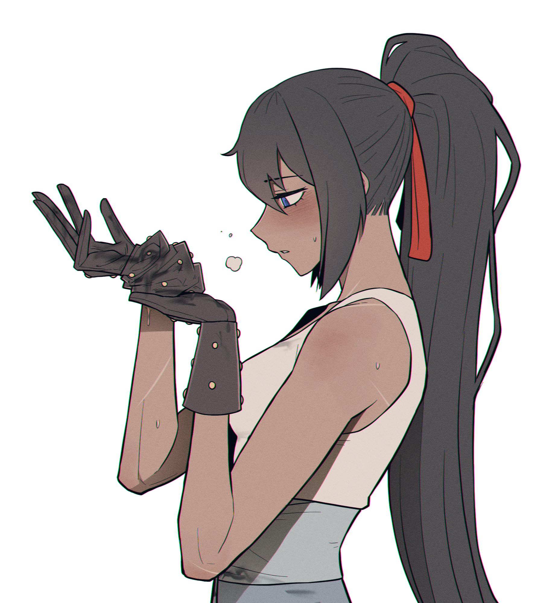 ..., 1girls, bare shoulders, caught, dark skin, dark-skinned female, disgusted, disgusted look, female, female only, gloves, im gyeong-eop (limbus company), limbus company, looking at viewer, misg1111, ponytail, project moon, removing glove, scars, shaded face, sweat, sweaty hands, tank top