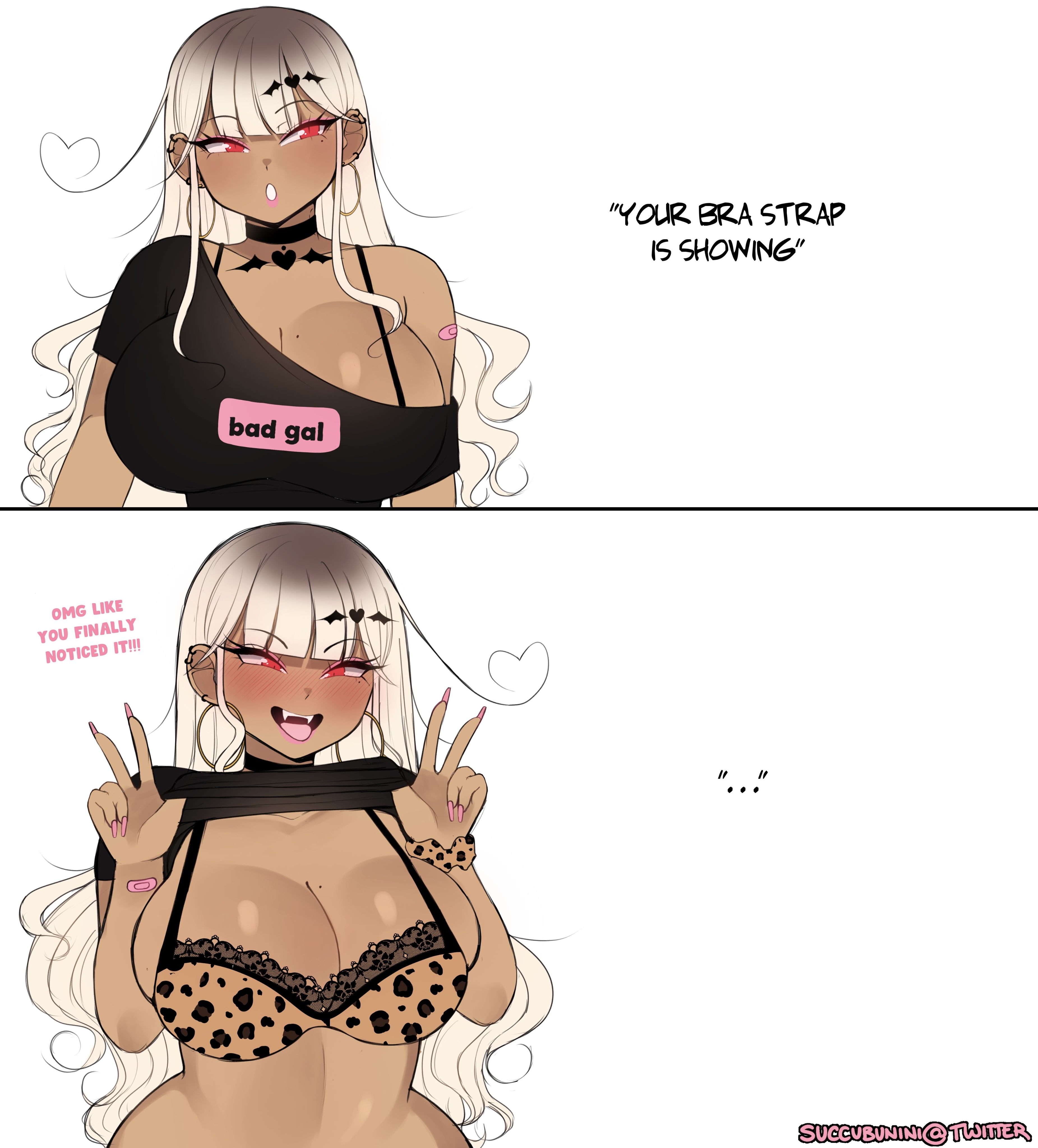 1girls, absurd res, blonde hair, bra strap is showing (meme), breasts, cinnabus, dark skin, dark-skinned female, english text, female, female focus, female only, hime nini (succubunini), indie virtual youtuber, large breasts, leopard print, leopard print bra, long hair, looking at viewer, meme, original, pink hair, red eyes, solo, succubunini, succubus, succubus tail, tail, text, three-tone hair, virtual youtuber, white background, wide hips