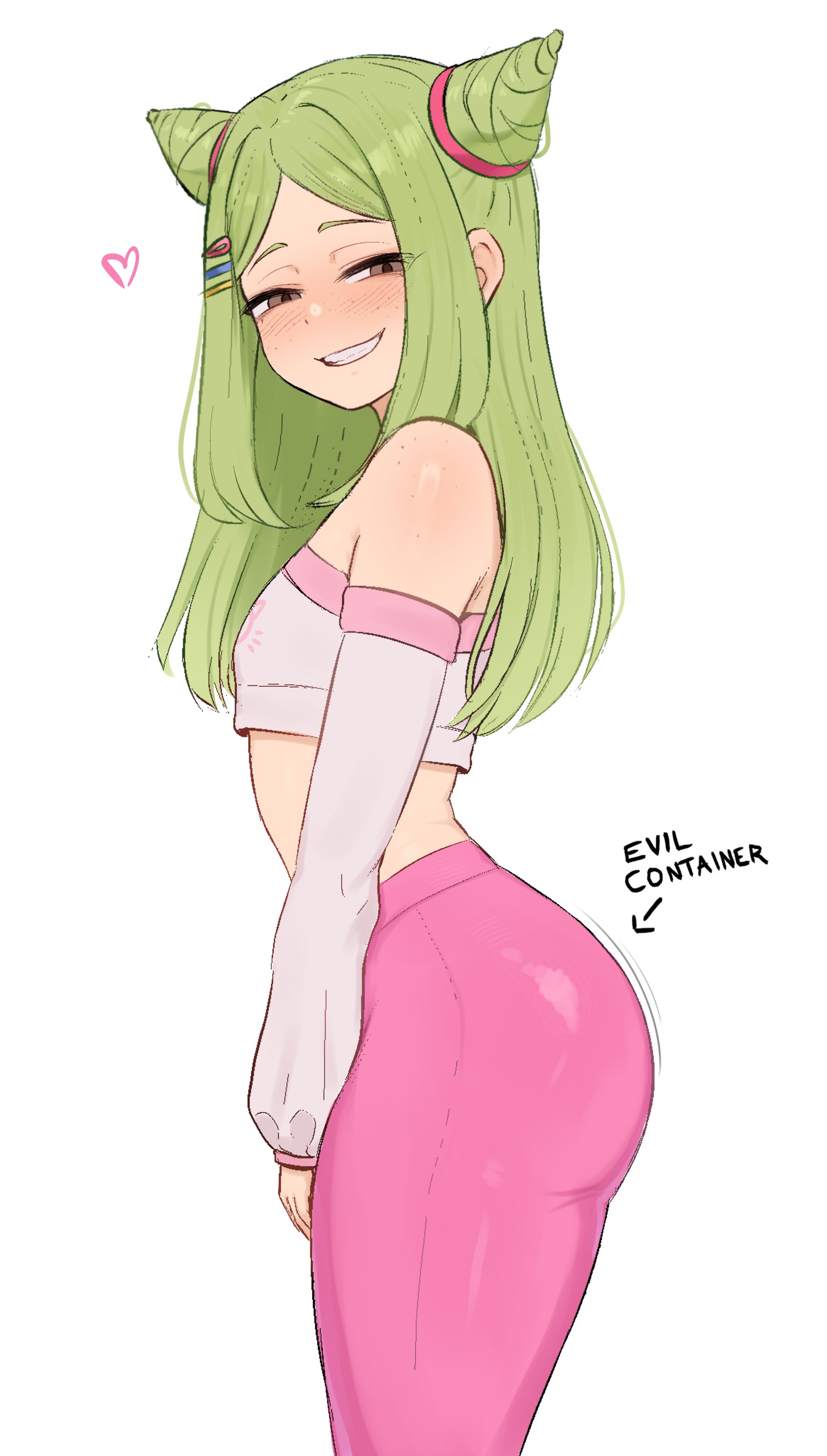 1girls, arched back, ass shake, big ass, big butt, blush lines, blushing, brikot, brown eyes, female only, freckles, green hair, heart symbol, leggings, long hair, oc, original, original character, petite, petite body, petite female, pink leggings, shaking ass, shaking butt, side view, small breasts, smile, smiling, teeth, tied hair, white background