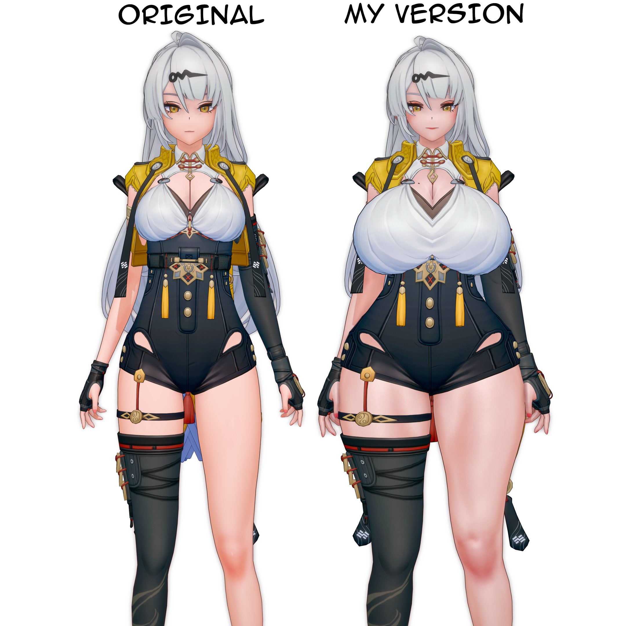 3d, 3d (artwork), 3d model, 3d render, big breasts, canon vs fanon, clothed, clothed female, clothing, comparing, huge thighs, koikatsu, large breasts, light-skinned female, long hair, long hair female, small breasts, taf4mad, thick thighs, white hair, white hair female, yixuan (zenless zone zero), zenless zone zero